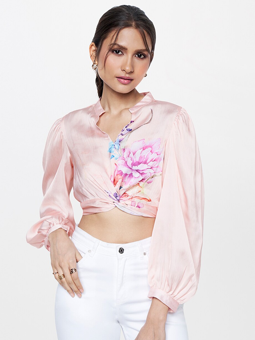 

AND Floral Printed Mandarin Collar Cuffed Sleeves Twisted Detail Shirt Style Crop Top, Peach