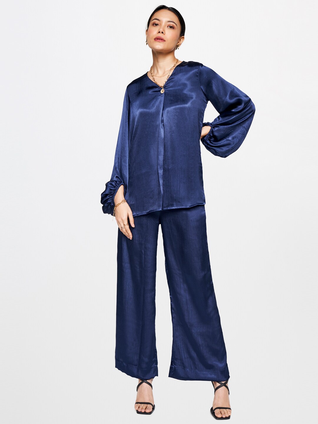 

AND V-Neck Puff Sleeves Top With Trouser, Navy blue