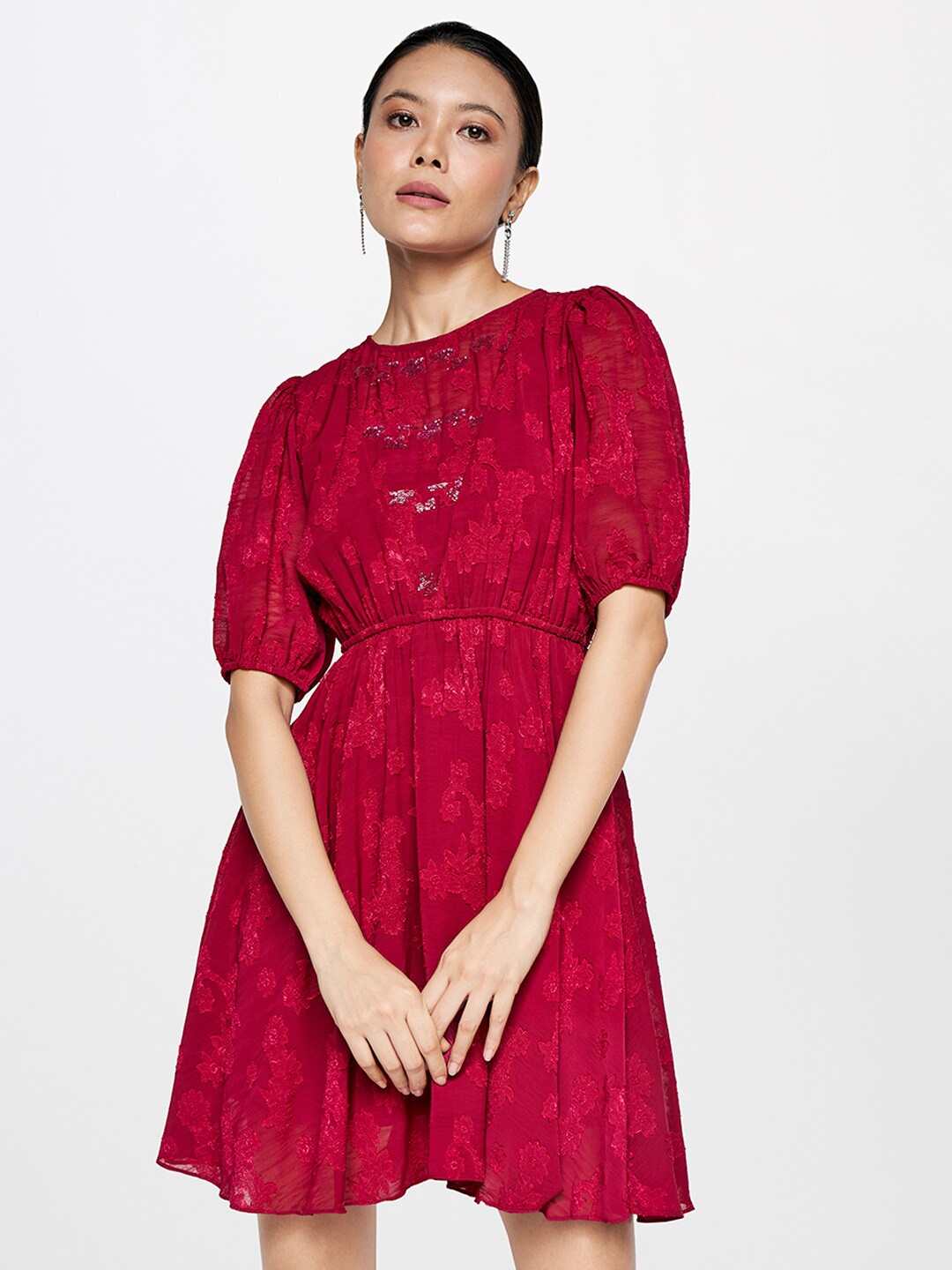 

AND Maroon Puff Sleeve Fit & Flare Dress