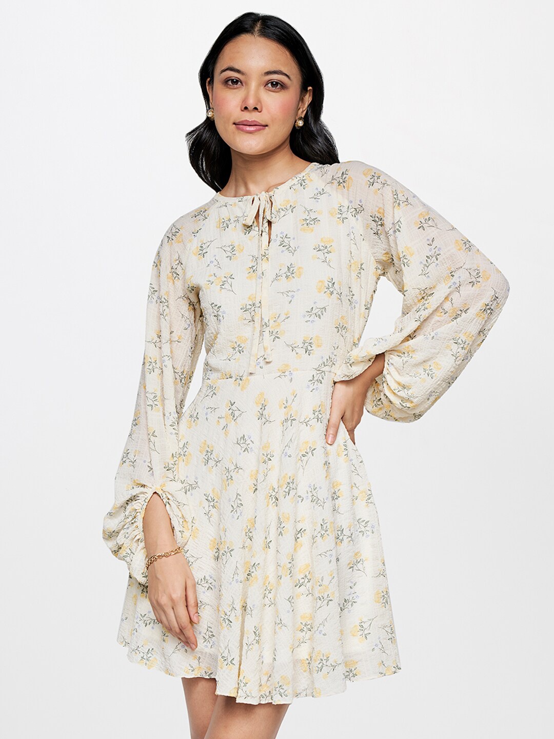 

AND Floral Print Tie-Up Neck Puff Sleeve Fit & Flare Dress, Cream