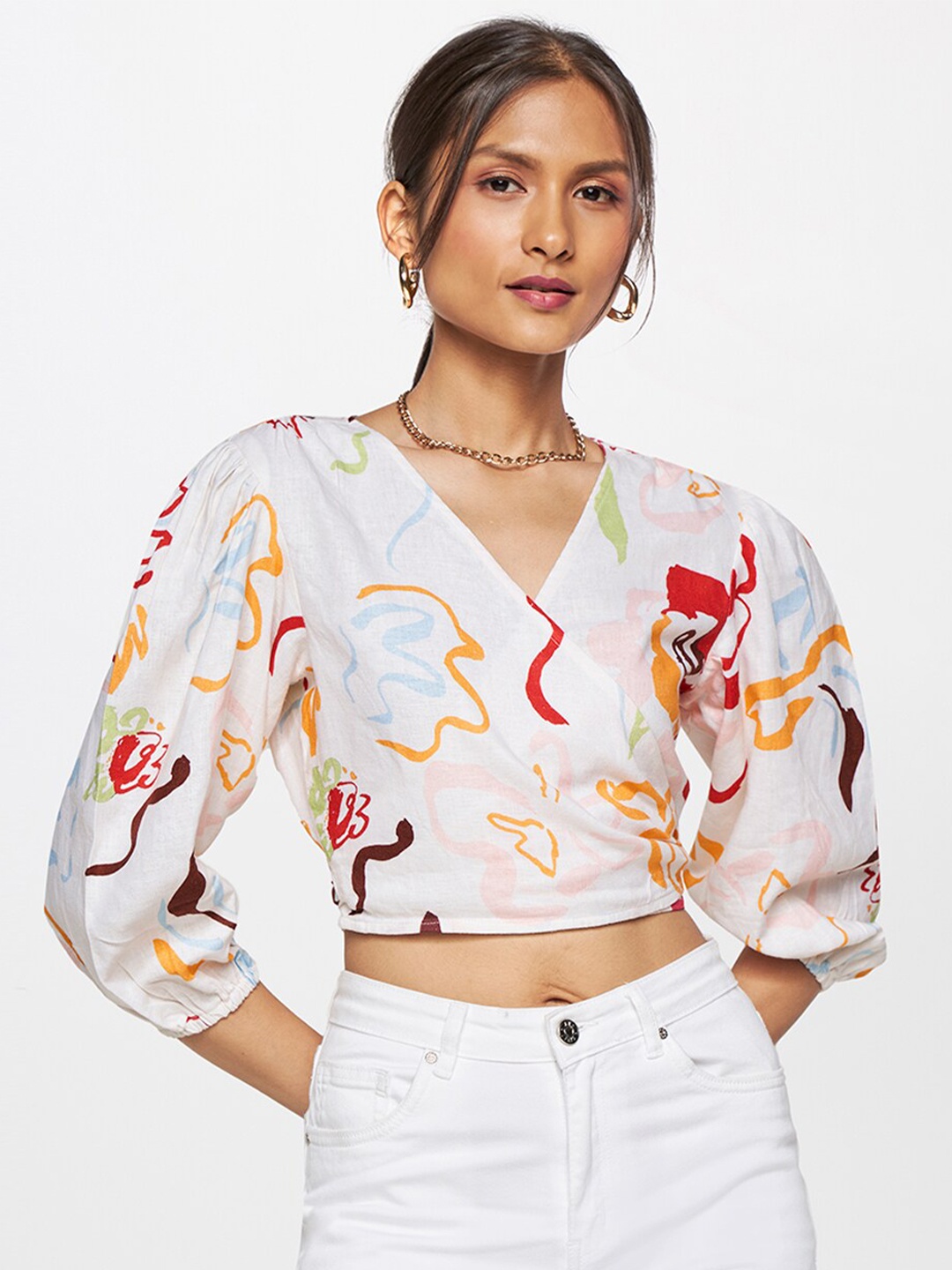 

AND Abstract Printed Puff Sleeves Linen Wrap Crop Top, White