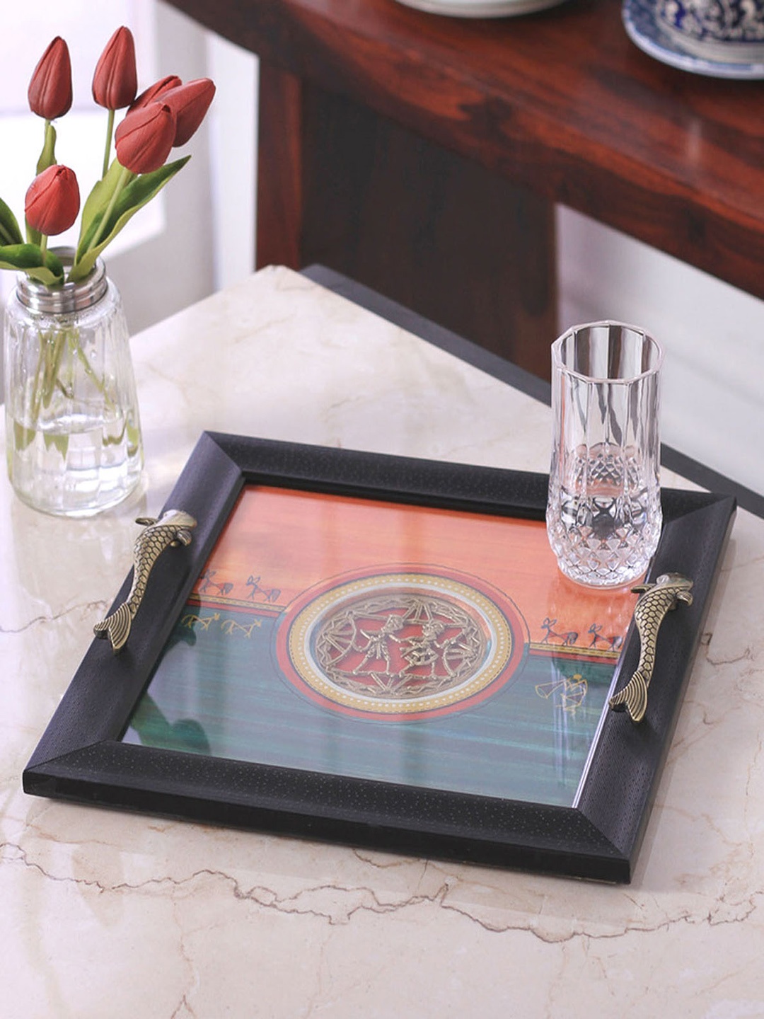 

VarEesha Multicoloured Warli Art Hand-Painted Rectangluar Tray, Multi