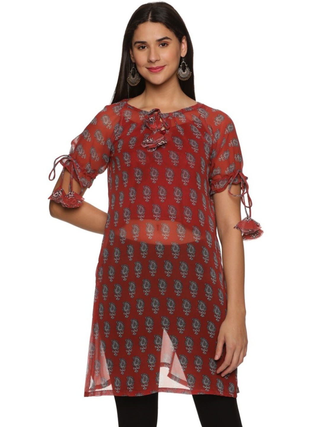

WEAVERS SAGA Paisley Printed Georgette Straight Kurta, Red