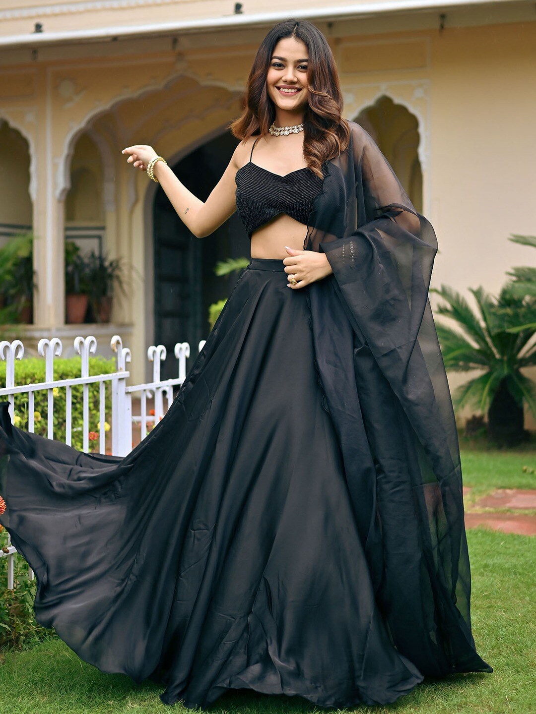

Lavanya The Label Satin Ready to Wear Lehenga & Blouse With Dupatta, Black
