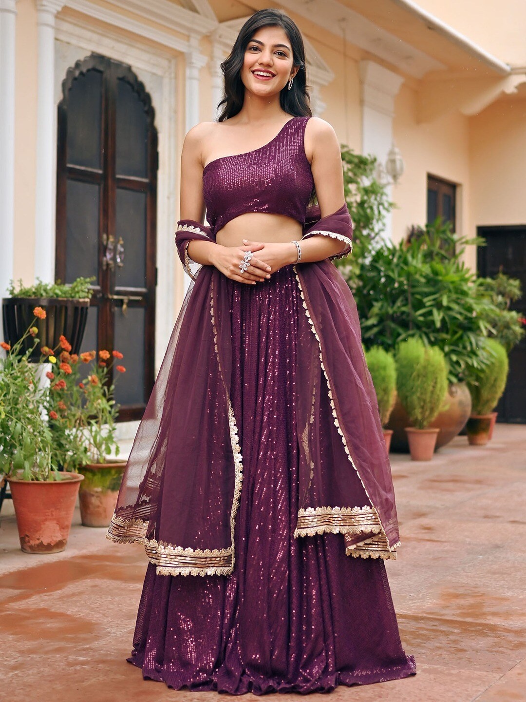 

Lavanya The Label Embellished Sequinned Ready to Wear Lehenga & Blouse With Dupatta, Magenta