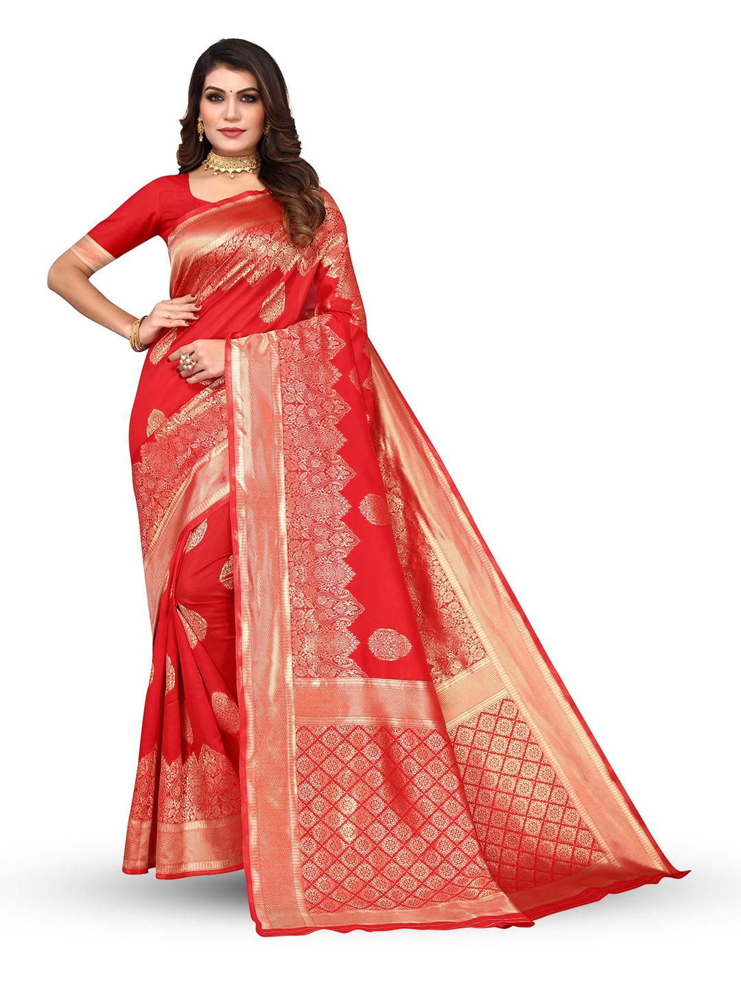 

KALINI Floral Woven Design Zari Kanjeevaram Saree, Red