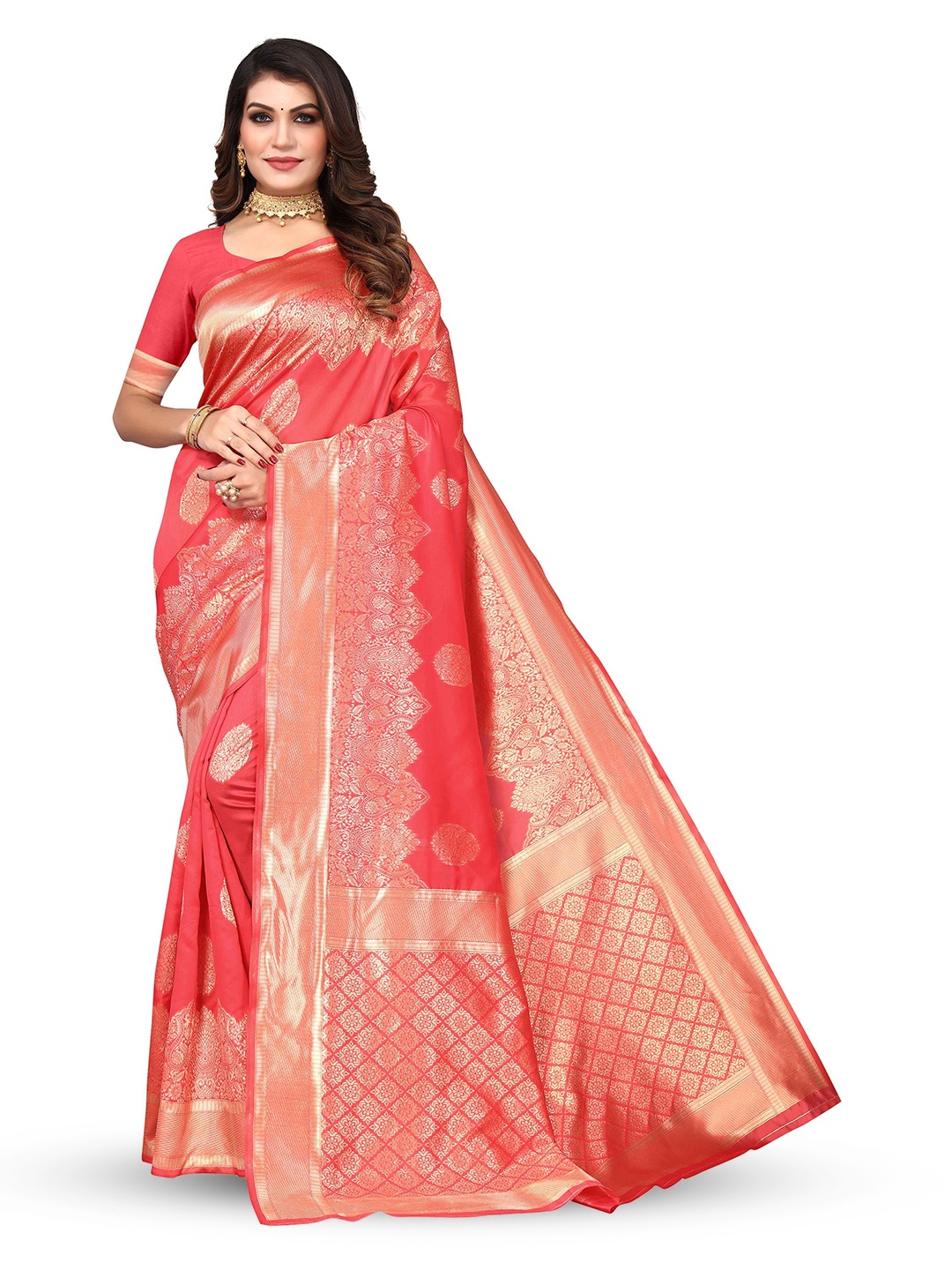 

KALINI Ethnic Motif Woven Design Zari Kanjeevaram Jacquard Saree, Pink