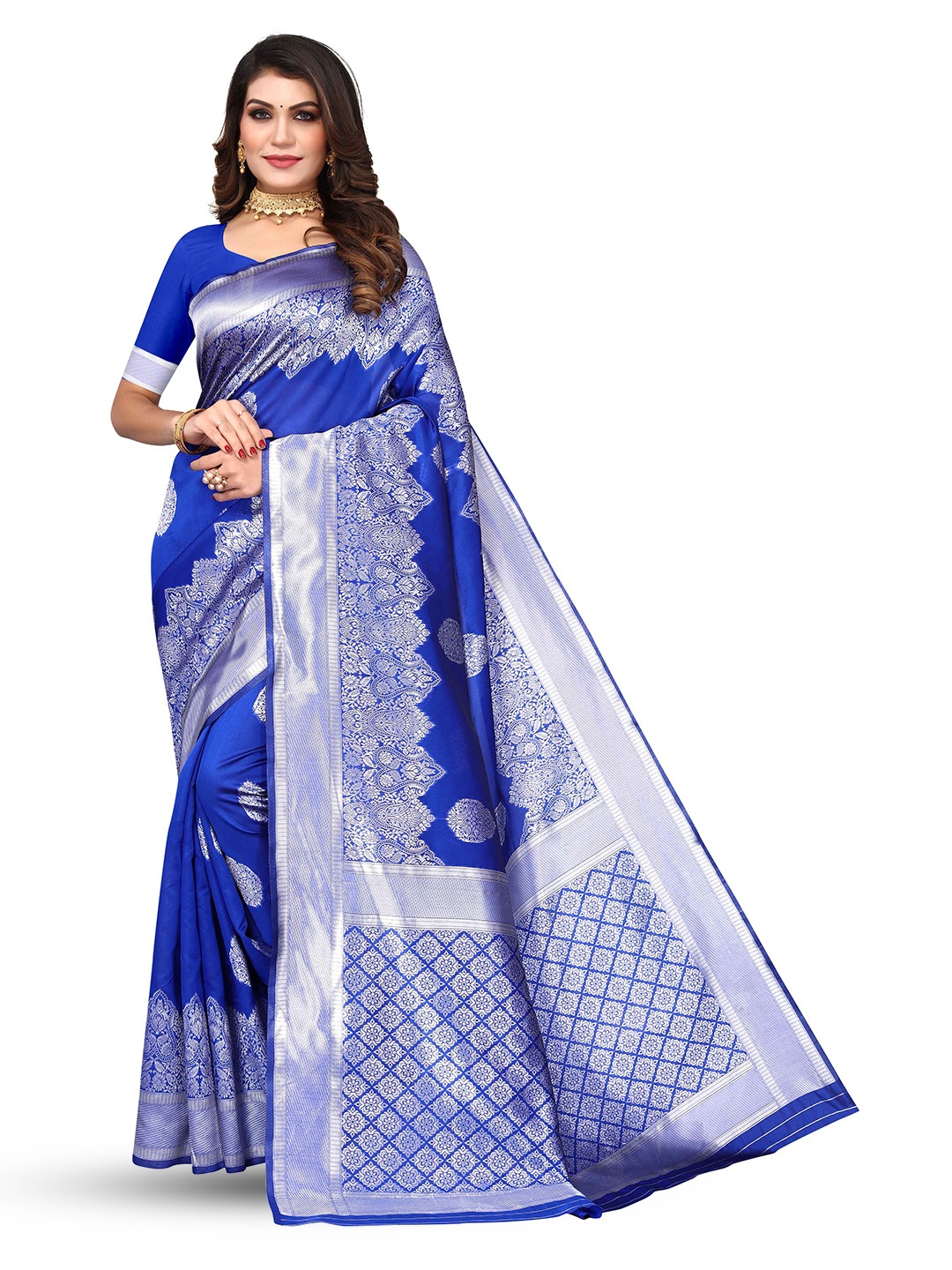 

KALINI Woven Design Zari Kanjeevaram Jacquard Saree, Blue