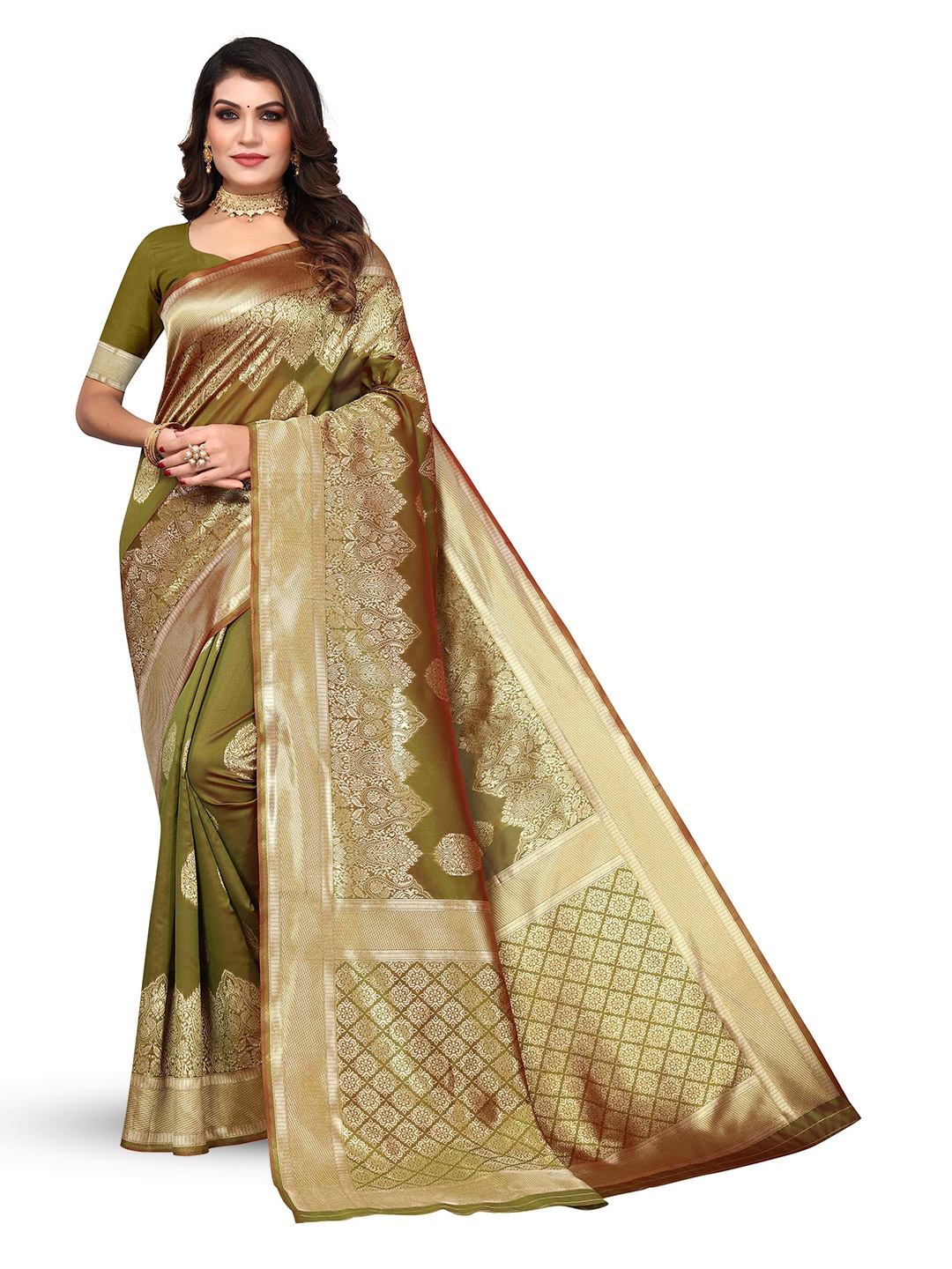 

KALINI Ethnic Motifs Woven Design Zari Kanjeevaram Saree, Green