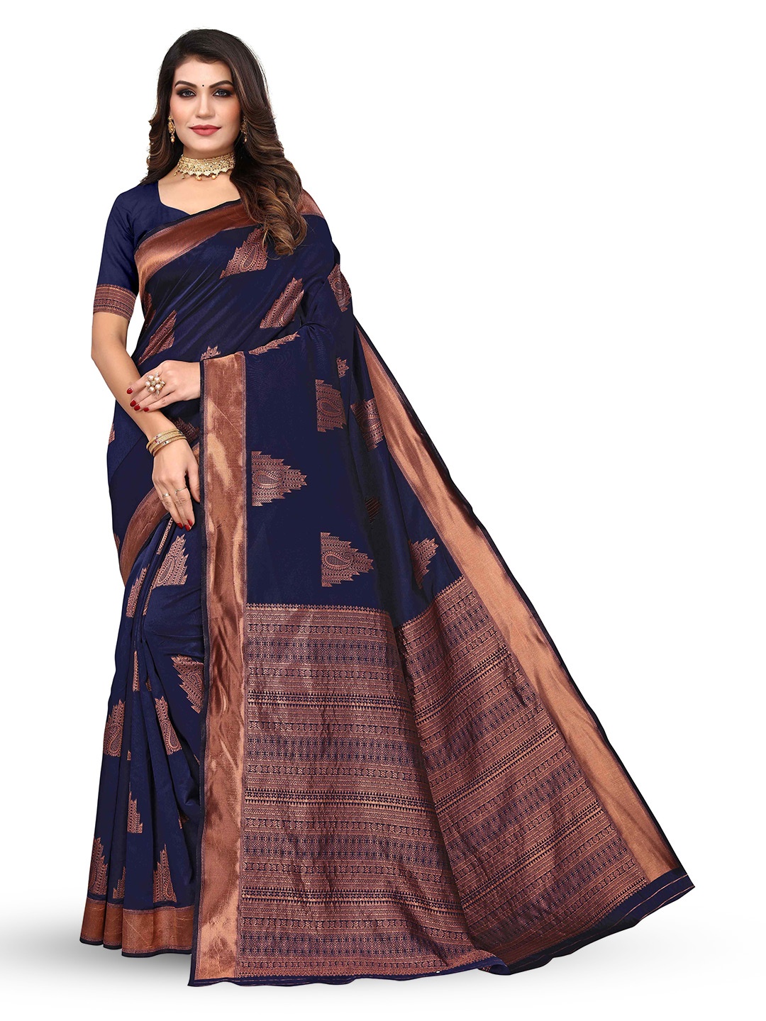 

KALINI Ethnic Motifs Woven Design Zari Kanjeevaram Saree, Navy blue