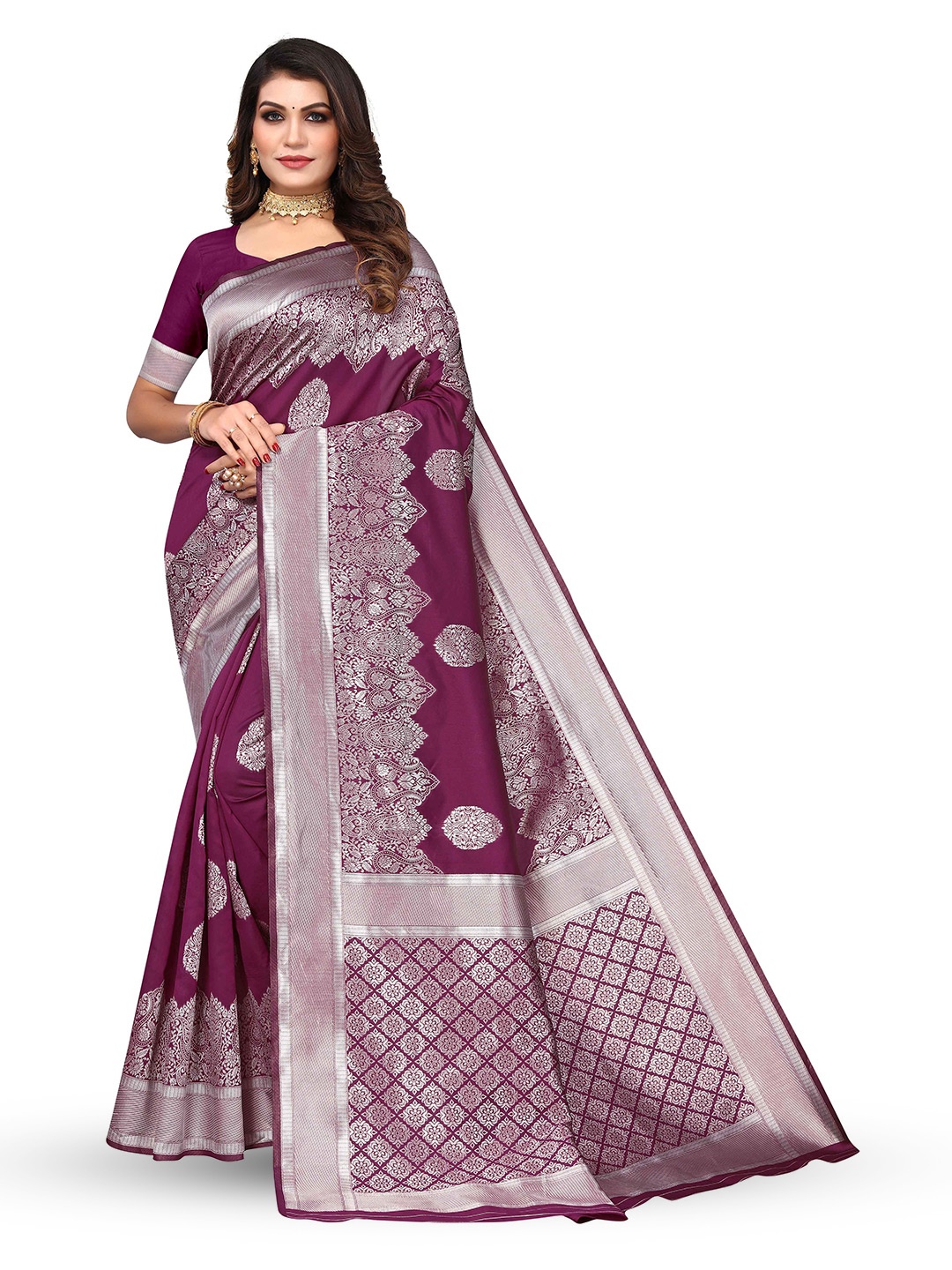 

KALINI Woven Design Zari Silk Blend Kanjeevaram Saree, Purple