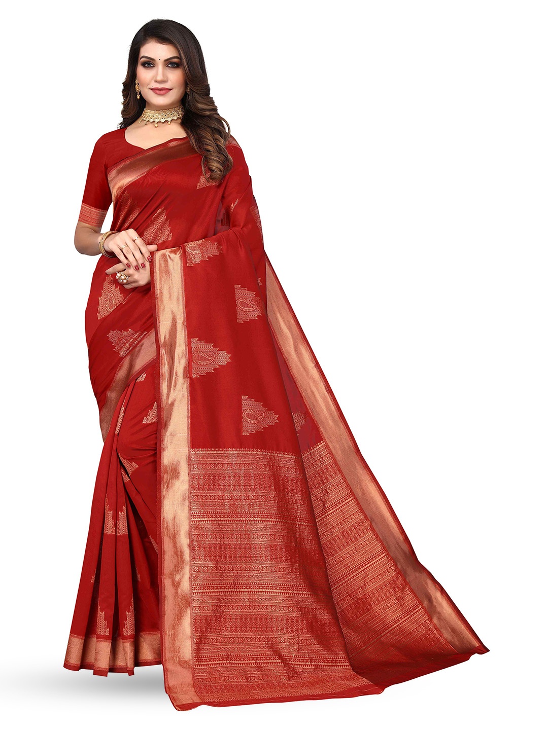 

KALINI Ethnic Motifs Woven Design Zari Kanjeevaram Saree, Red