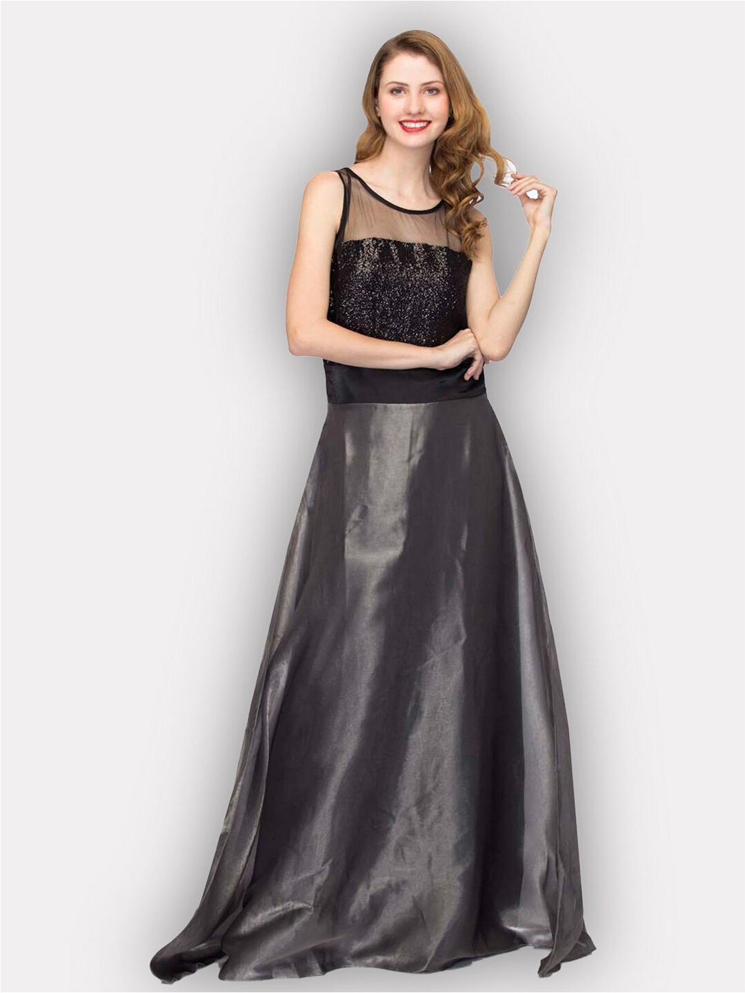 

urSense Grey Embellished Satin Maxi Dress