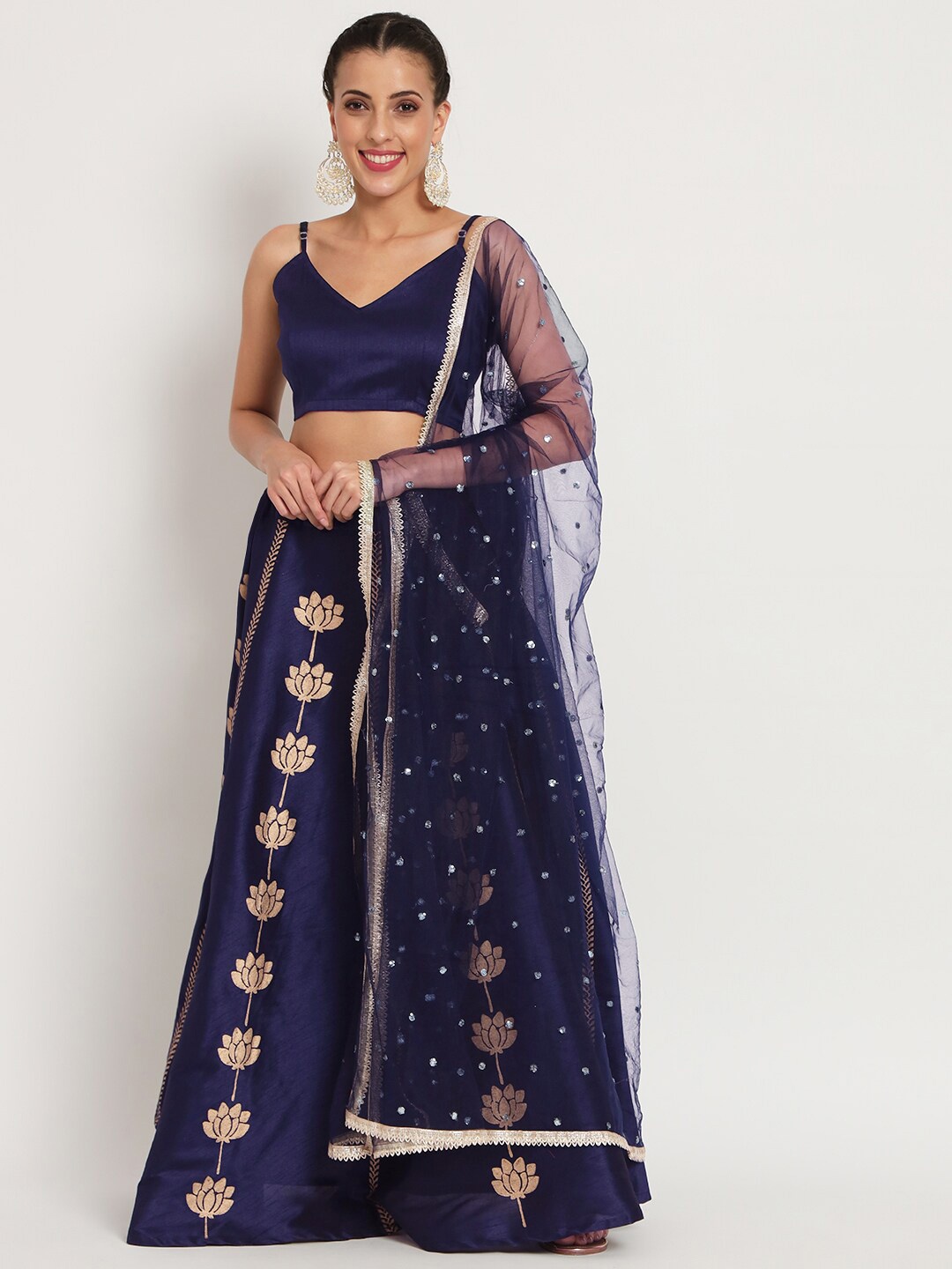 

studio rasa Printed V-Neck Sleeveless Ready to Wear Lehenga & Blouse With Dupatta, Navy blue