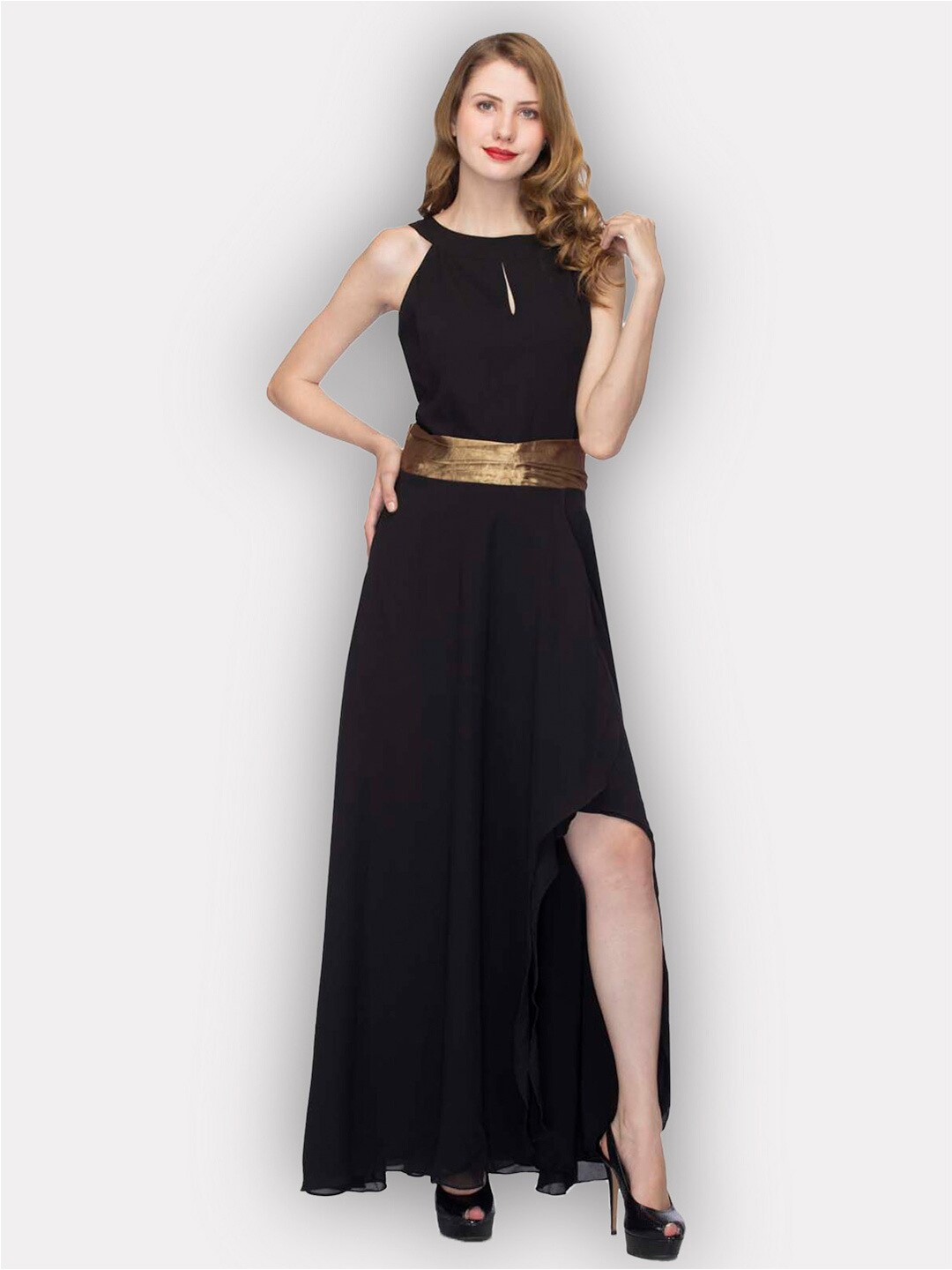 

urSense Keyhole Neck Slit Maxi Dress, Black