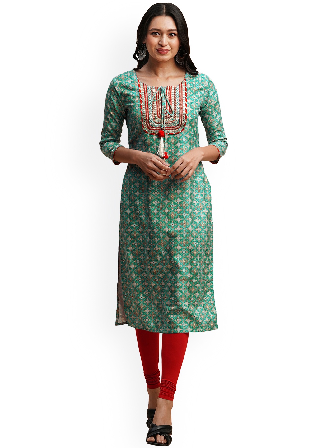 Nimayaa Floral Printed Thread Work Straight Kurta, Sea green
