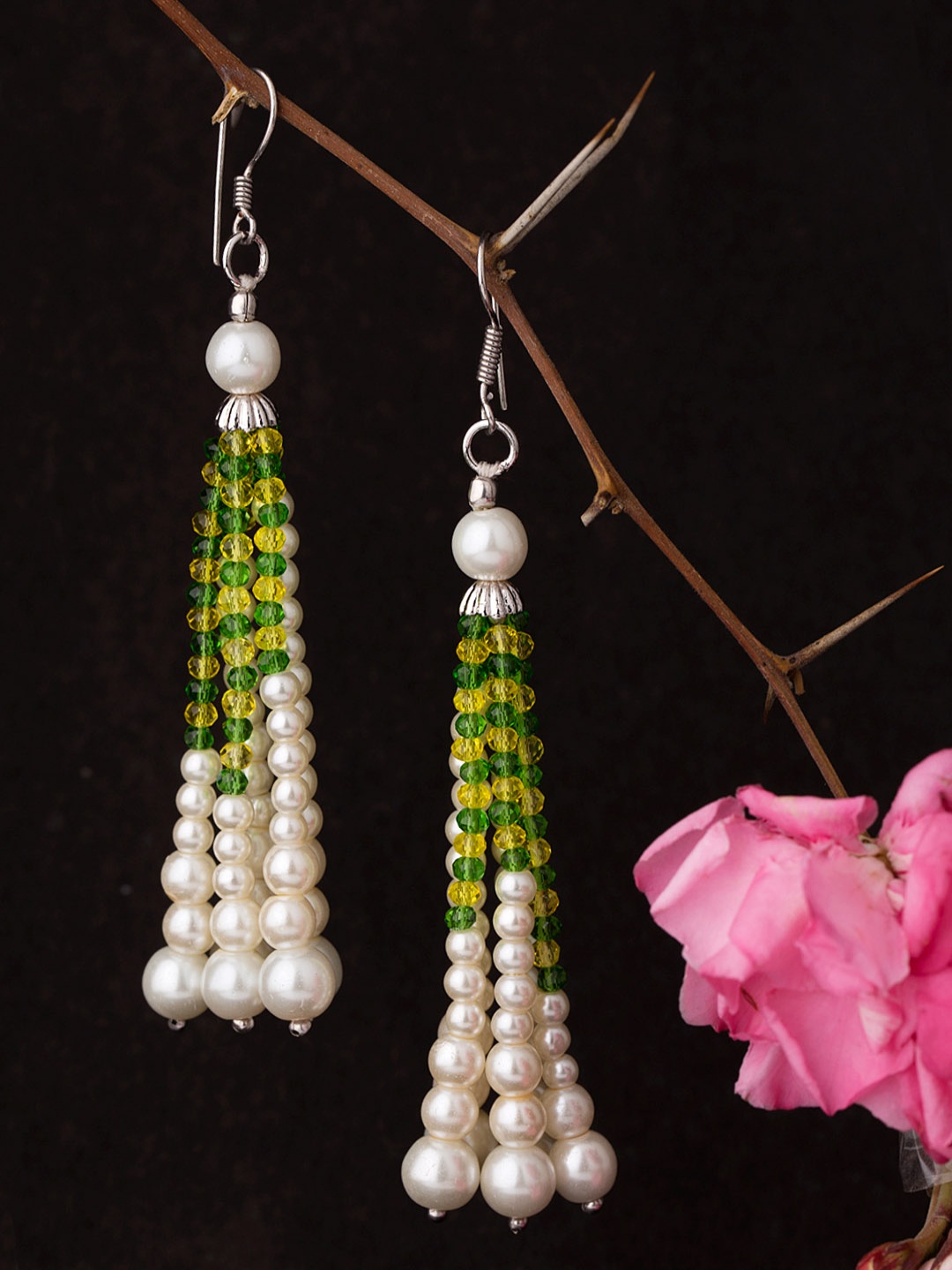 

Voylla Silver-Toned & Green Contemporary Drop Earrings