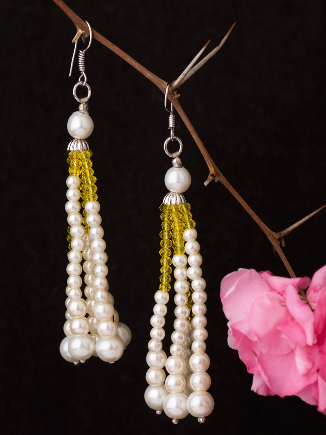 

Voylla Silver-Toned & Cream-Coloured Contemporary Drop Earrings
