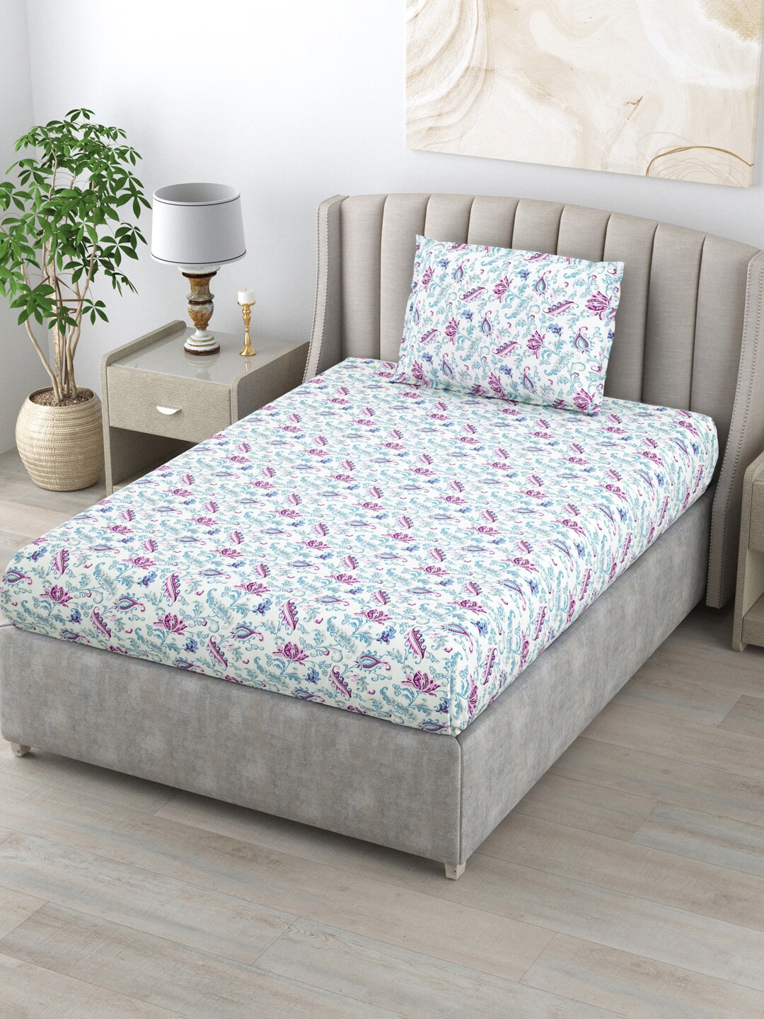 

BOMBAY DYEING Allure Blue & Purple Floral Cotton 120 TC Single Bedsheet & 1 Pillow Cover