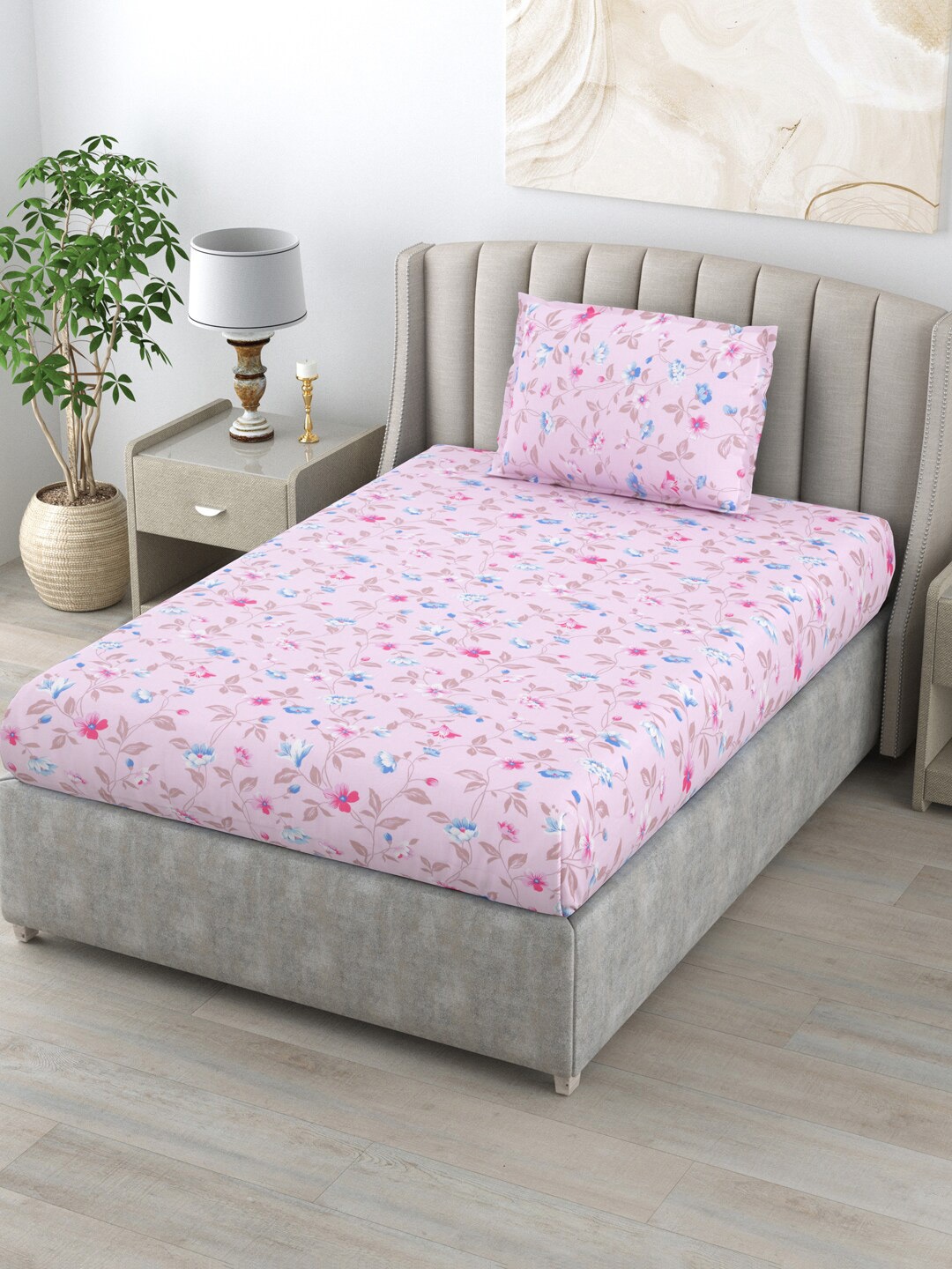 

BOMBAY DYEING Allure Pink Floral Pure Cotton 120 TC Single Bedsheet with 1 Pillow Cover