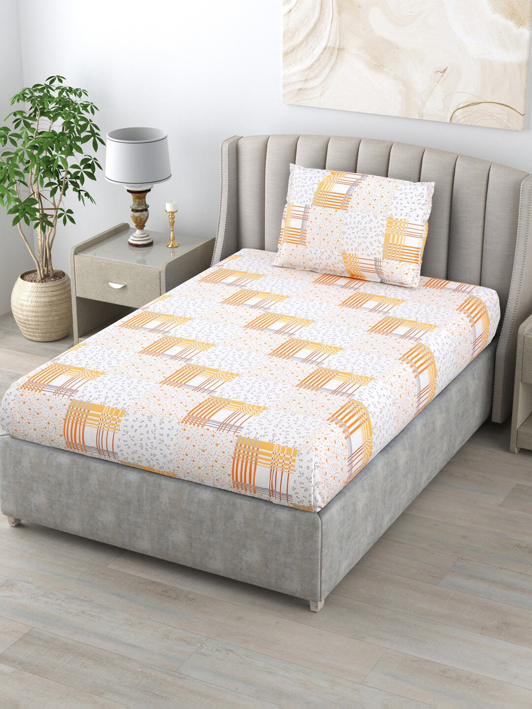 

BOMBAY DYEING Allure White & Yellow Pure Cotton 120 TC Single Bedsheet with 1 Pillow Cover