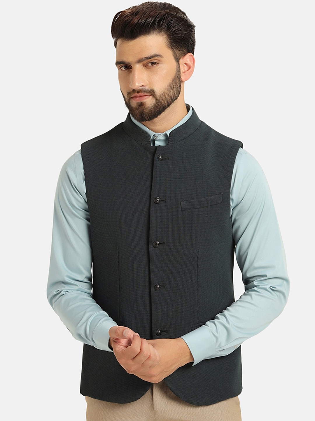 

Blackberrys Woven Design Mandarin Collar Nehru Jacket, Green