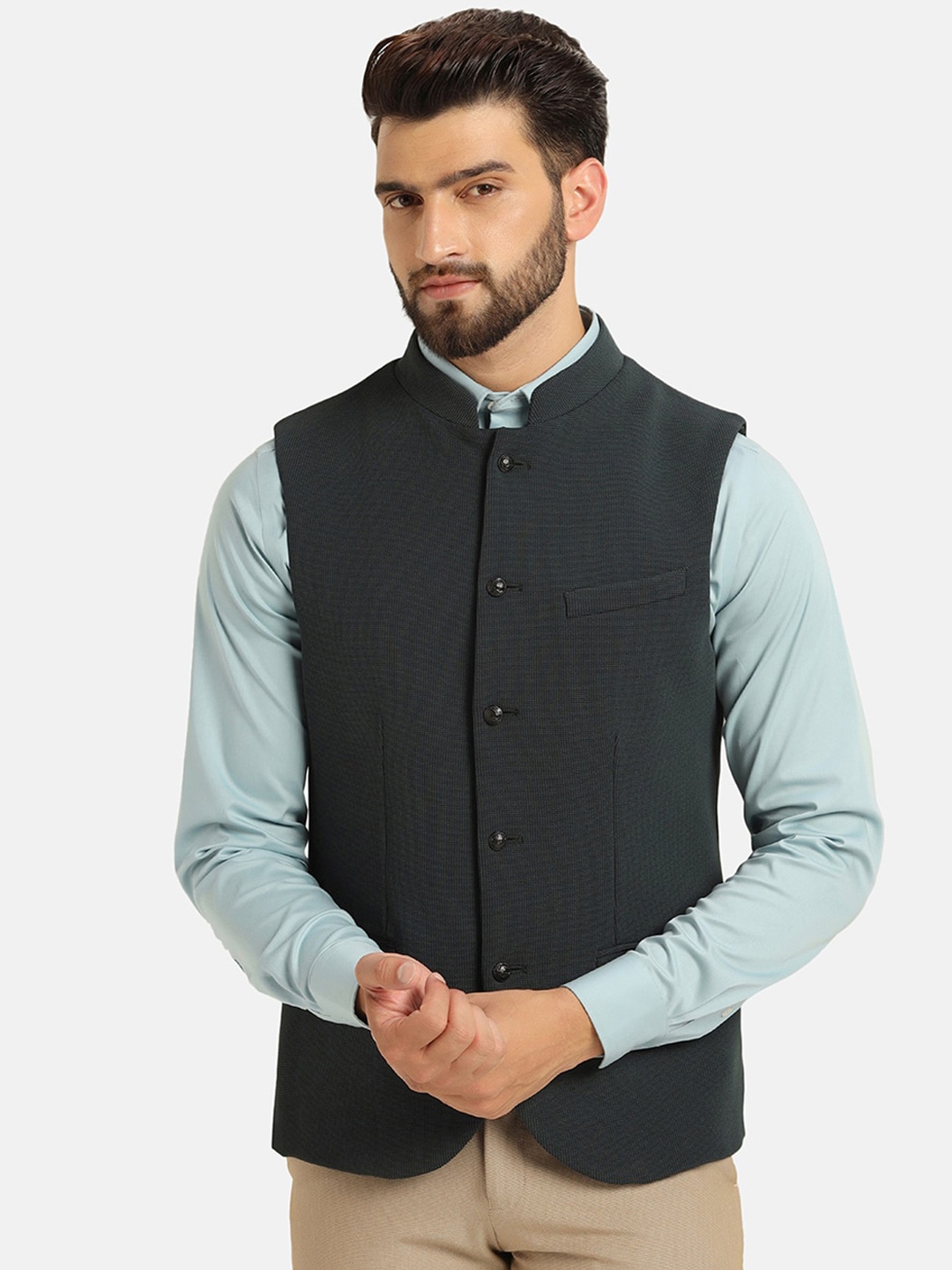 

Blackberrys Woven Design Mandarin Collar Nehru Jacket, Green