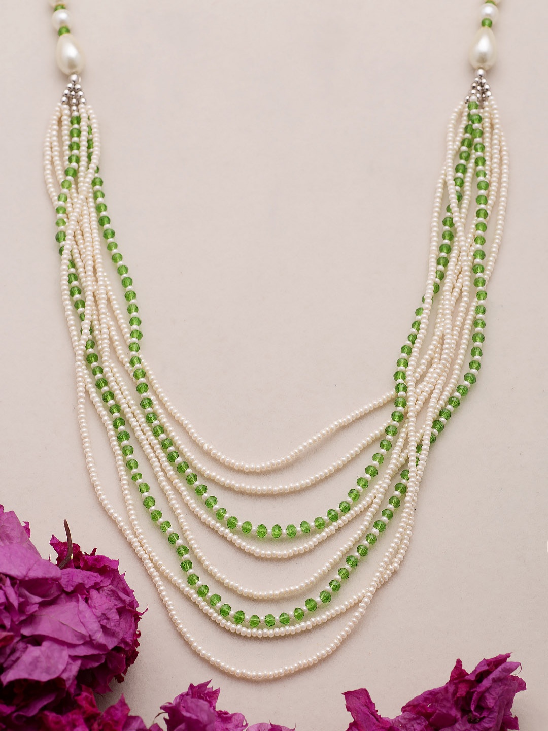

Voylla Green & White Silver-Plated Layered Necklace