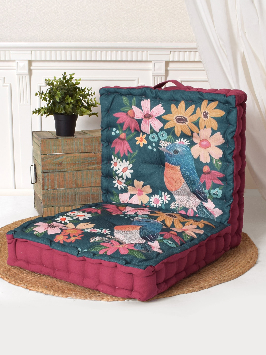 

BLANC9 Burgundy & Blue 2 Pieces Floral Printed Floor Cushions