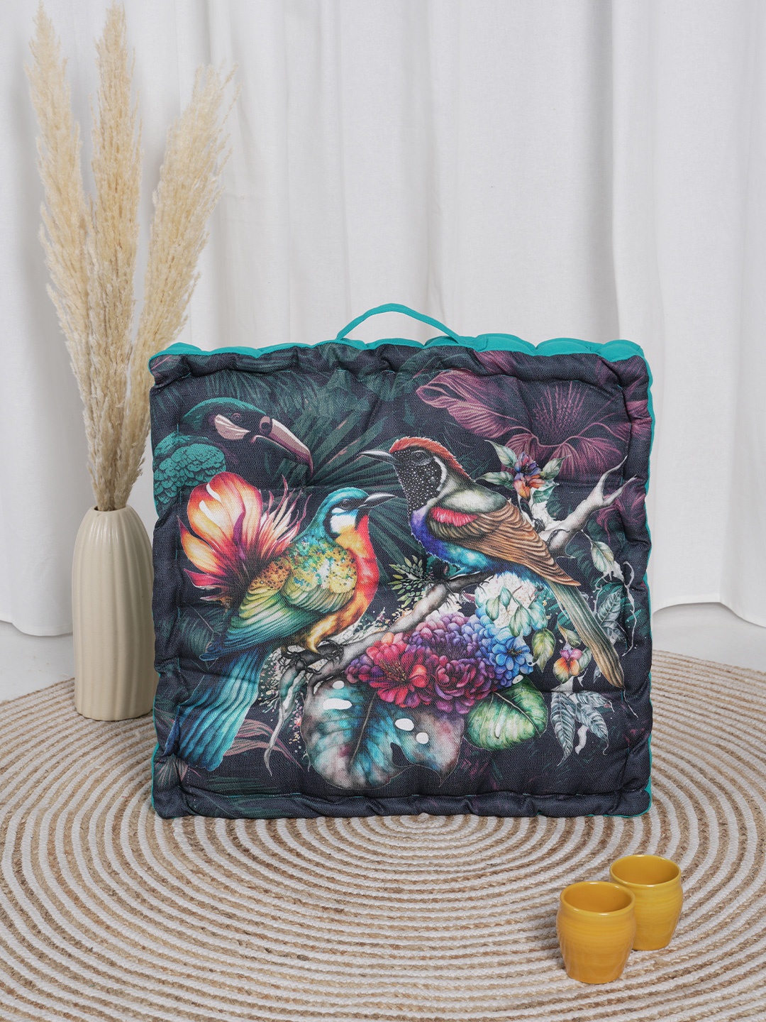 

BLANC9 Turquoise Blue & Navy Blue 2 Pieces Birds Printed Floor Cushions