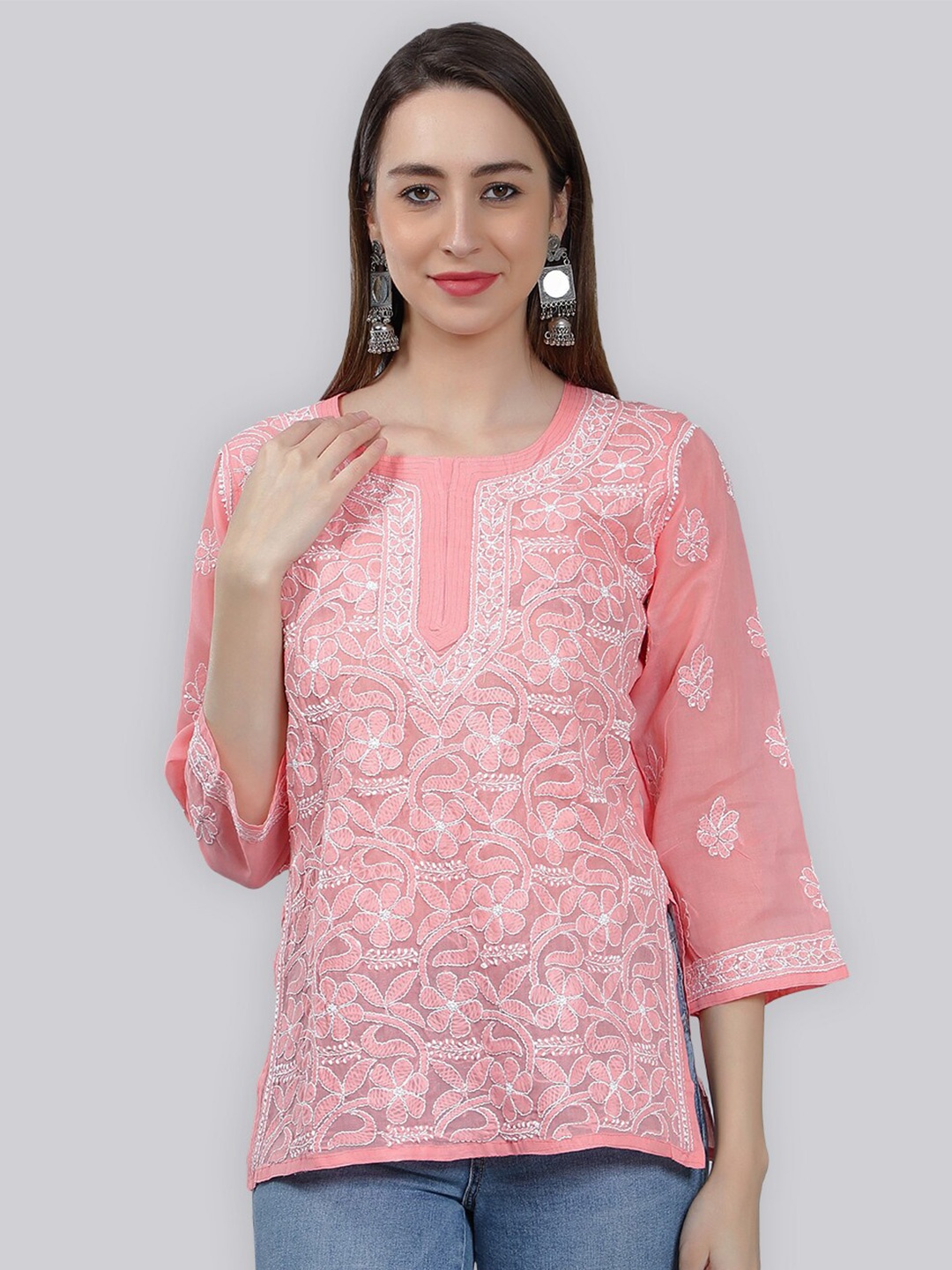 

Seva Chikan Ethnic Motifs Embroidered Chikankari Kurti, Peach