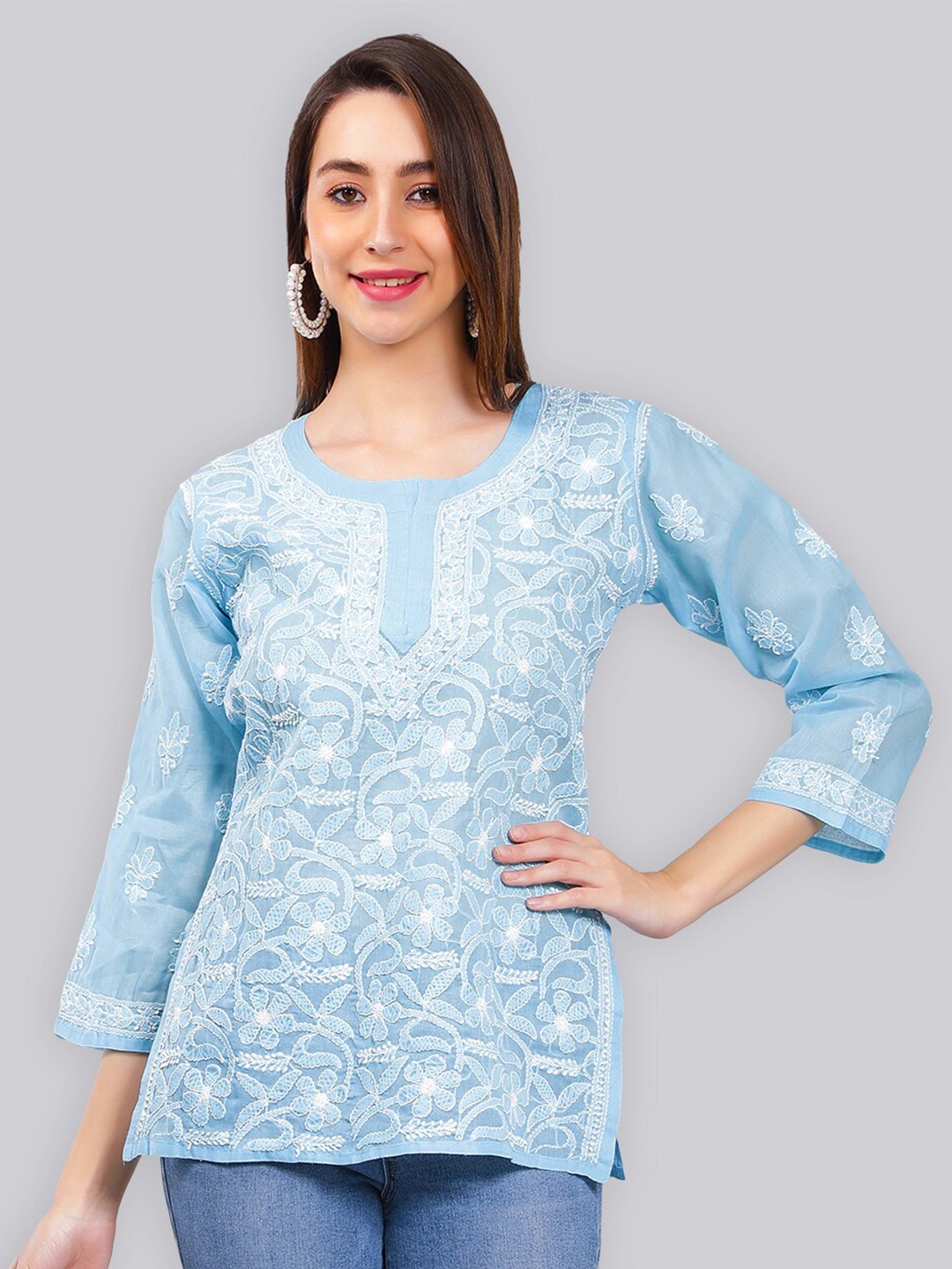 

Seva Chikan Ethnic Motifs Embroidered Chikankari Detail straight Kurti, Blue