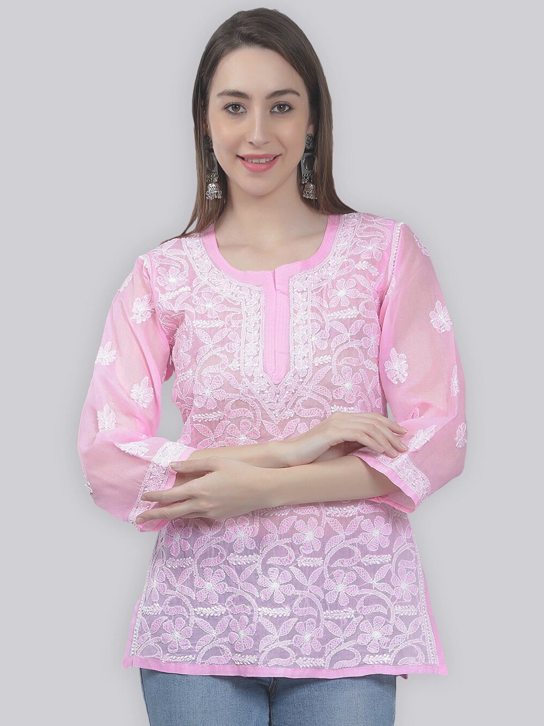 

Seva Chikan Floral Embroidered Chikankari Kurti, Pink