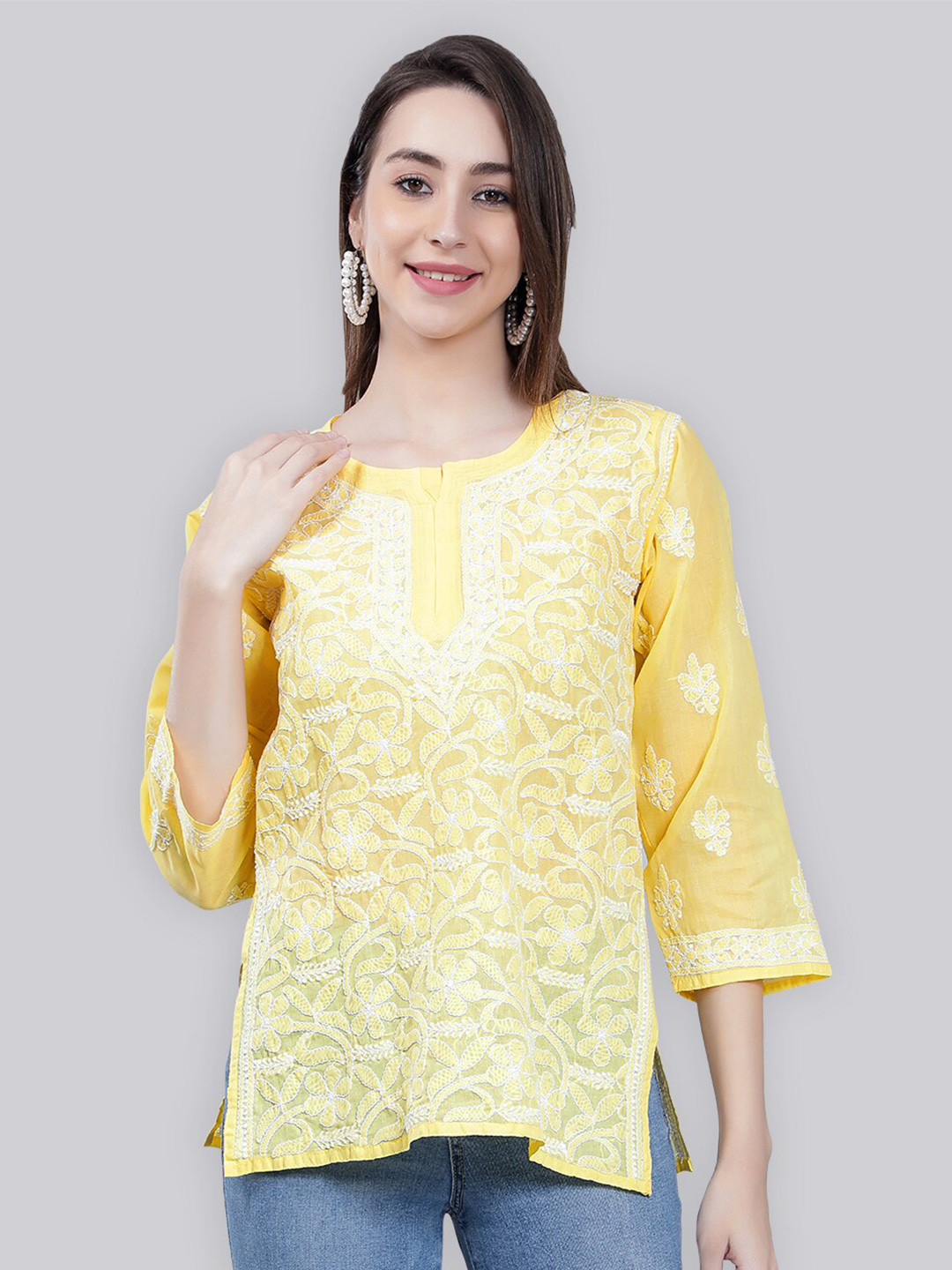 

Seva Chikan Ethnic Motifs Embroidered Chikankari Kurti, Yellow