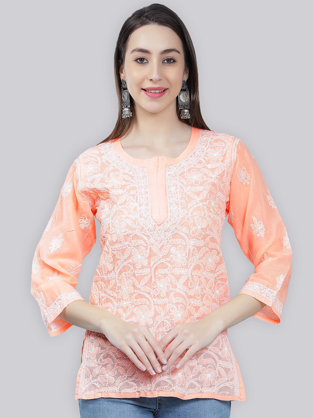 

Seva Chikan Ethnic Motifs Embroidered Chikankari Kurti, Peach
