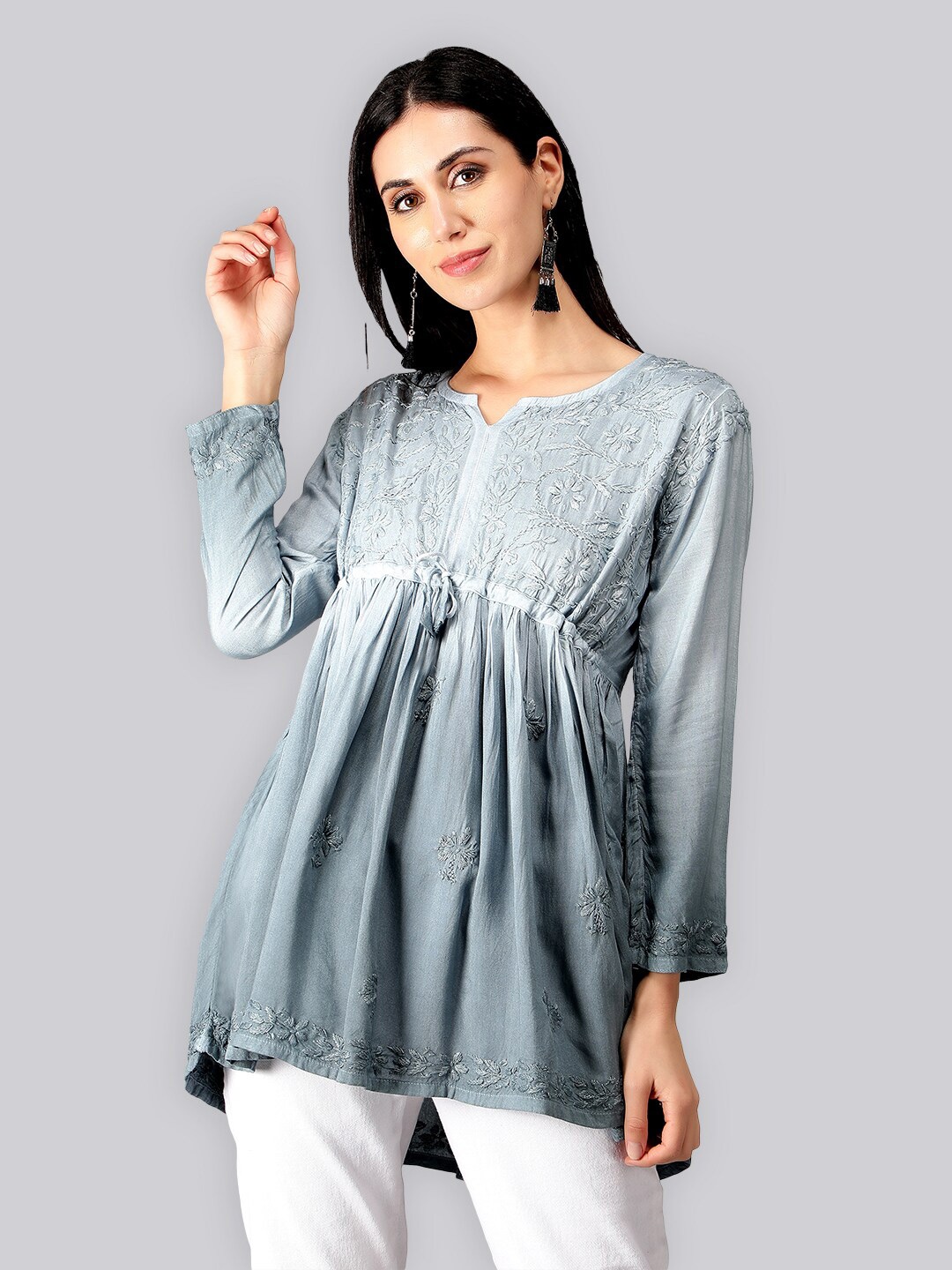 

Seva Chikan Ethnic Motifs Embroidered Chikankari Detail A-Line Kurti, Grey