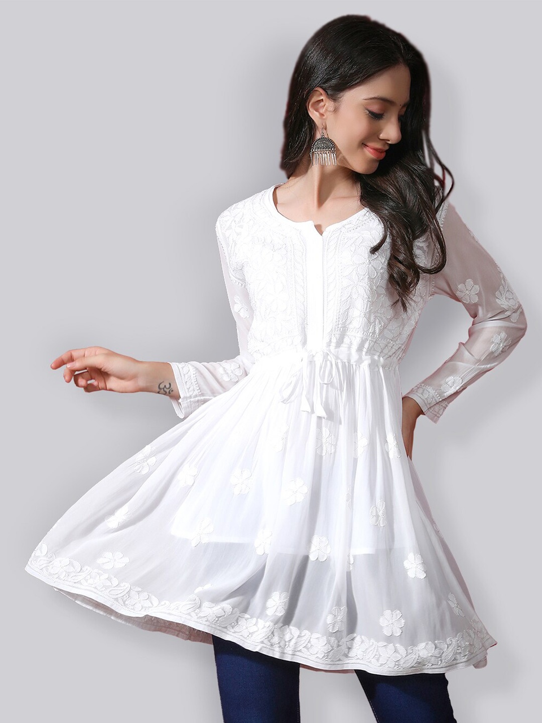 

Seva Chikan Ethnic Motifs Embroidered Chikankari Detail A-Line Kurti With Slip, White
