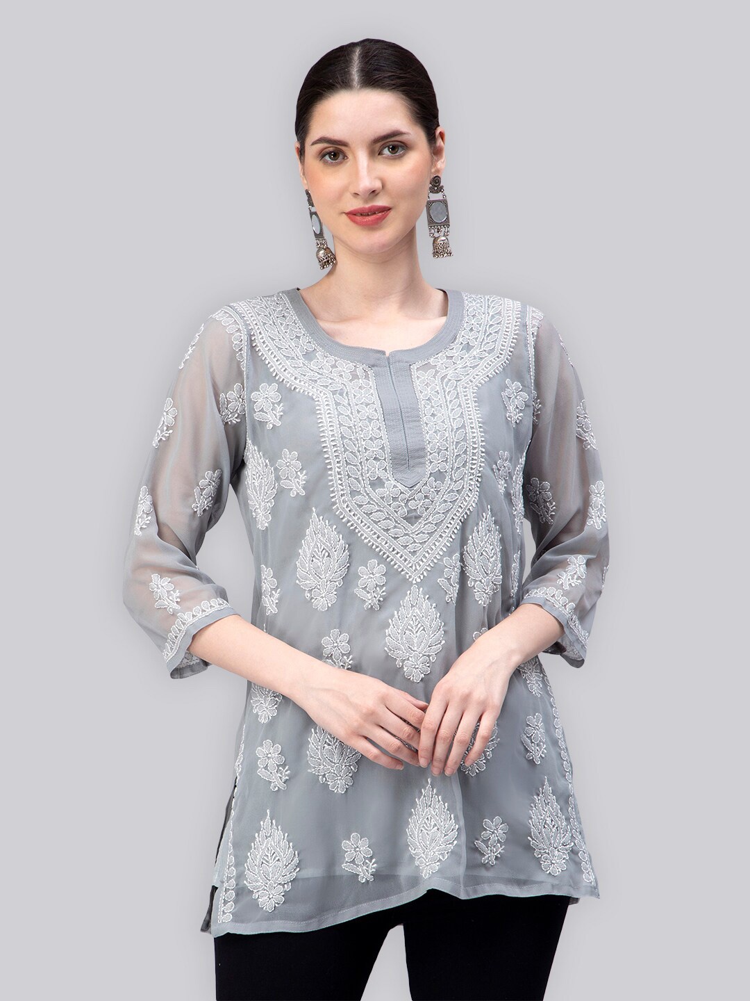 

Seva Chikan Ethnic Motifs Embroidered Chikankari Detail straight Kurti With Slip, Grey