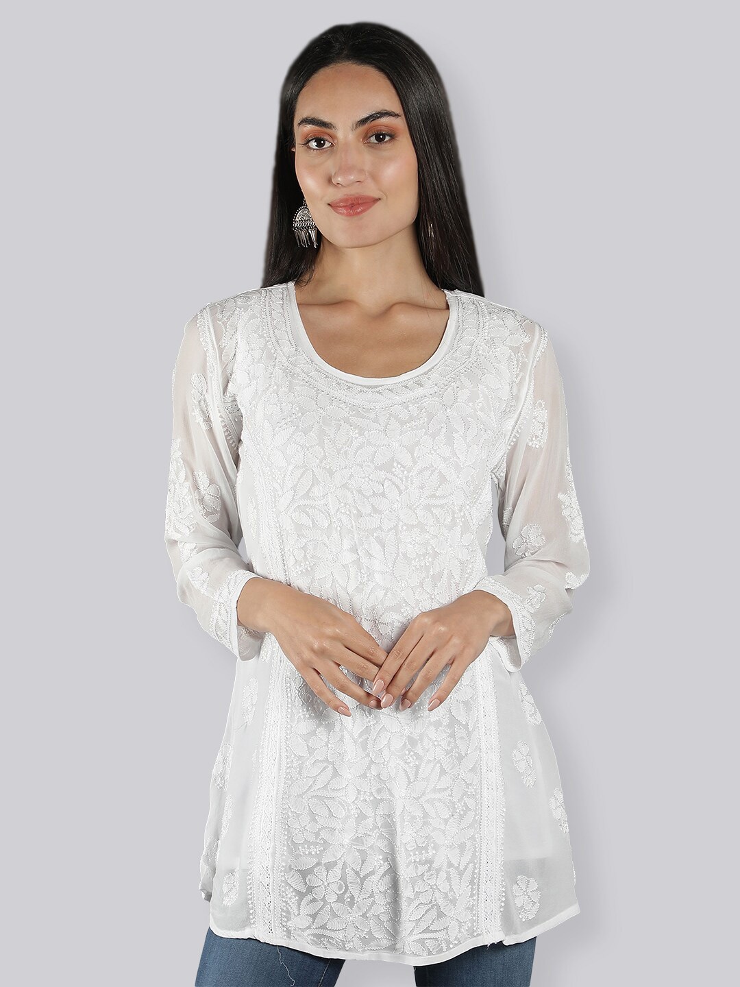 

Seva Chikan Ethnic Motifs Embroidered Chikankari Detail straight Kurti With Slip, White