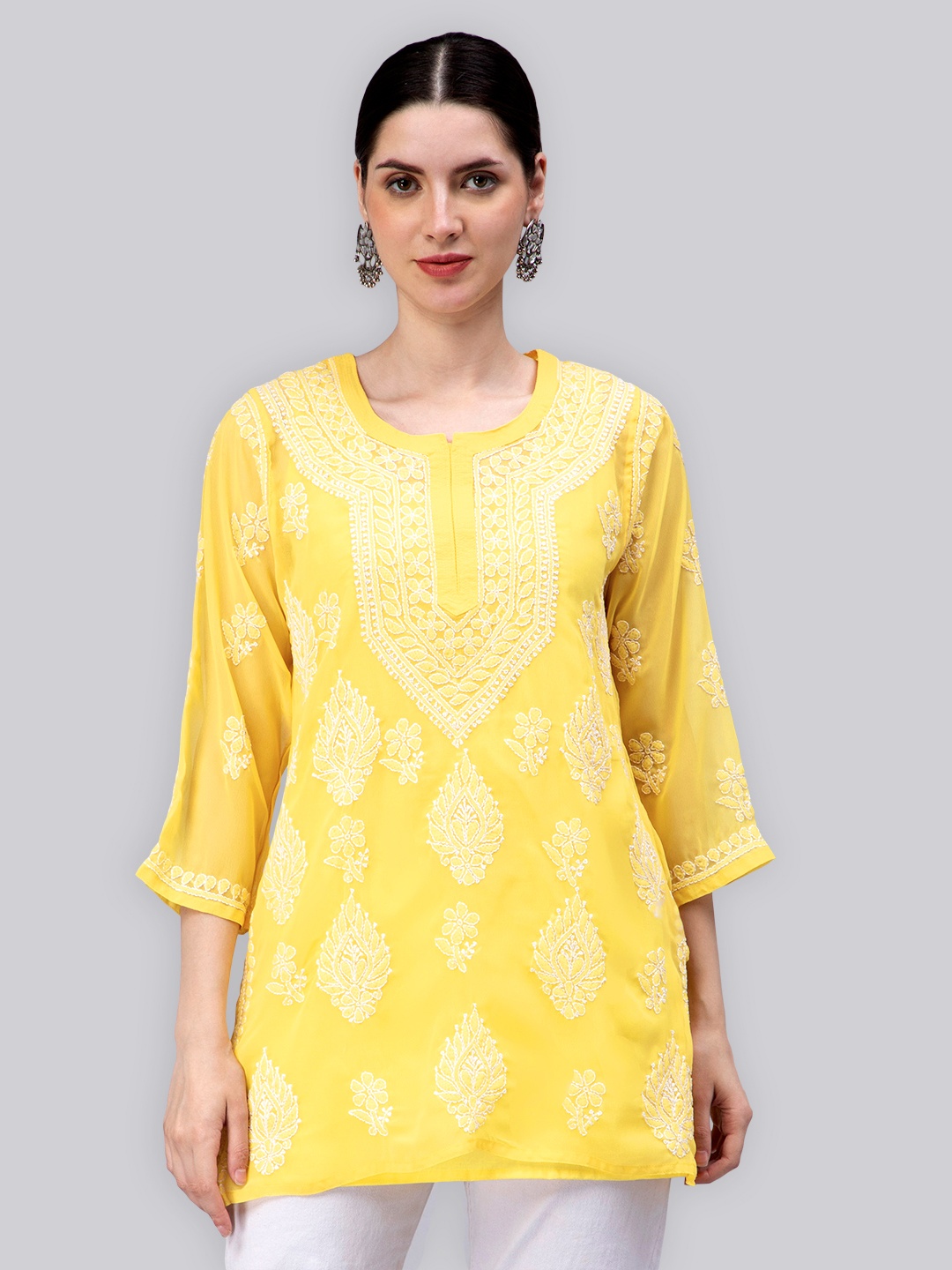

Seva Chikan Floral Embroidered Chikankari Straight Kurti With Slip, Yellow