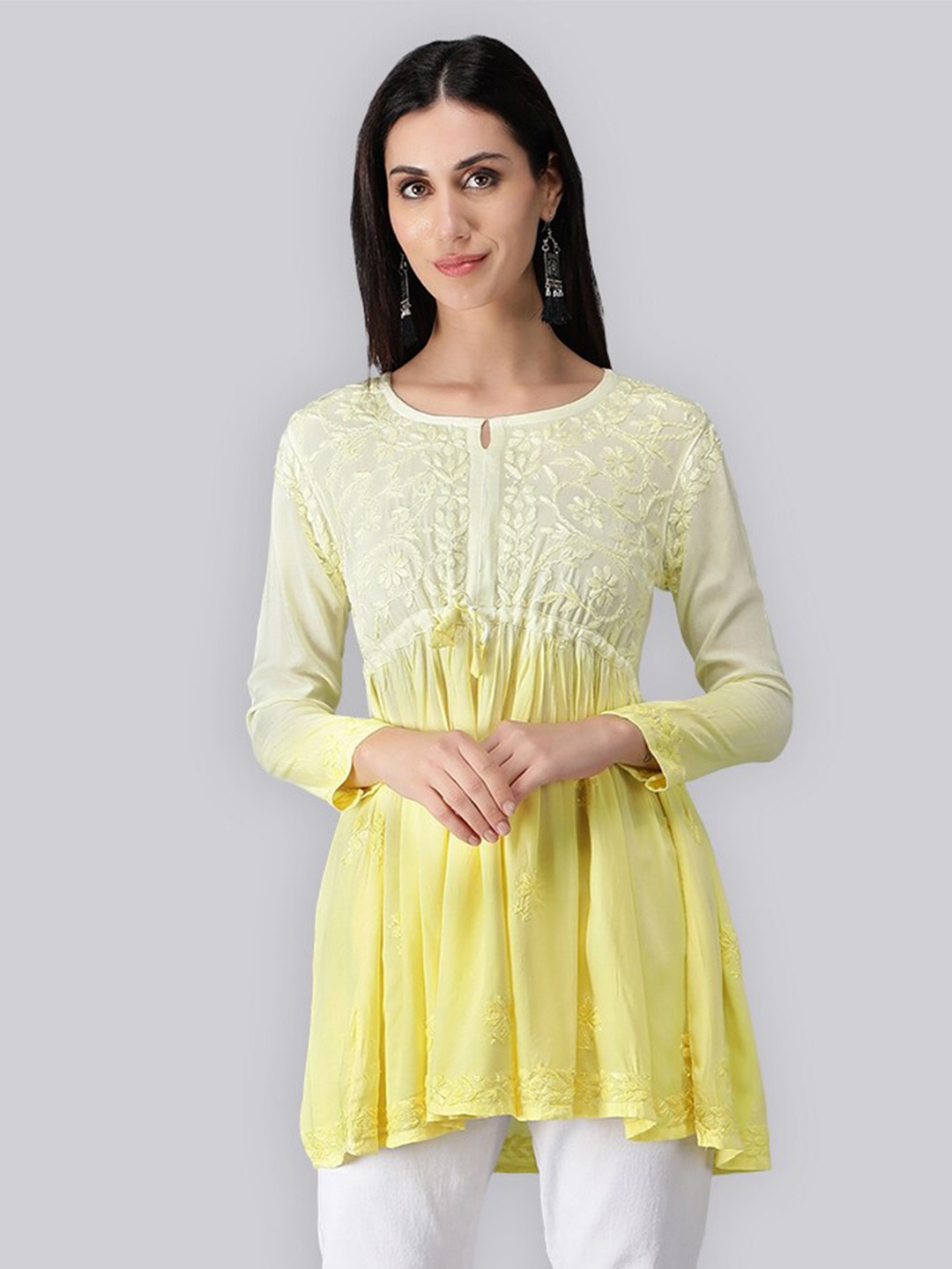 

Seva Chikan Ethnic Motifs Embroidered Chikankari Detail A-Line Kurti, Yellow