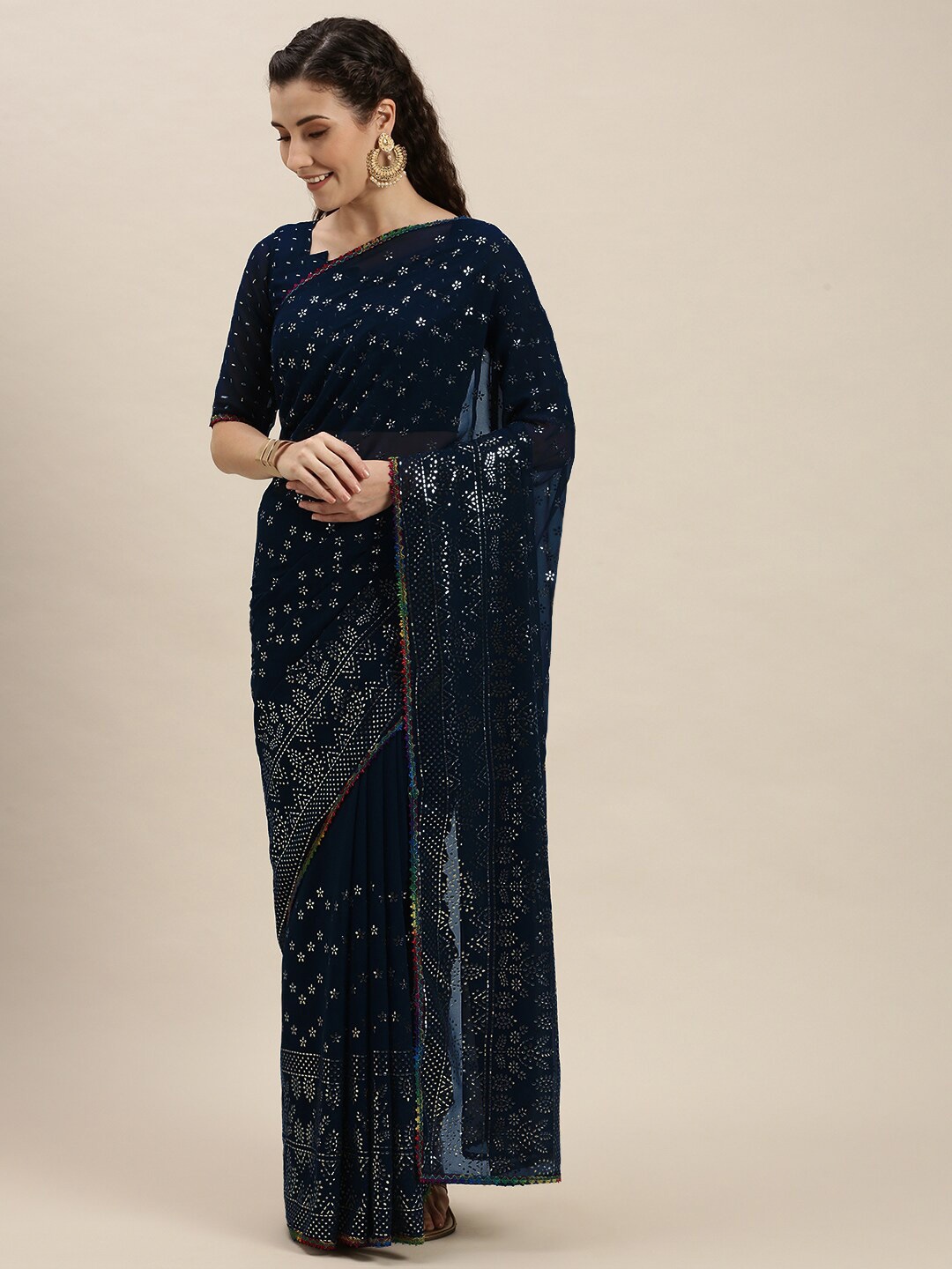 

Mitera Embellished Embroidered Pure Georgette Saree, Blue
