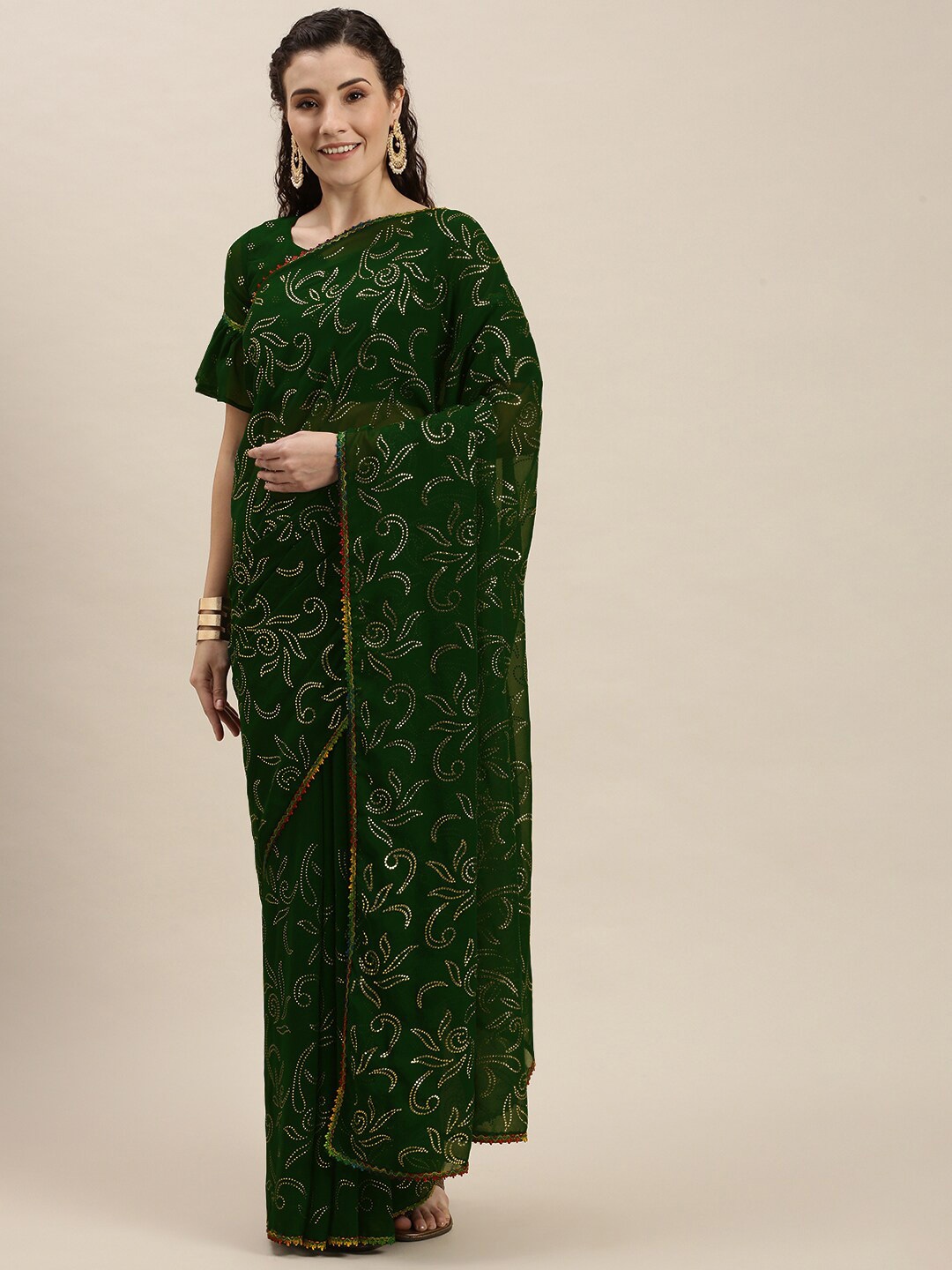 

Mitera Green Ethnic Motifs Embellished Beads And Stones Pure Georgette Saree