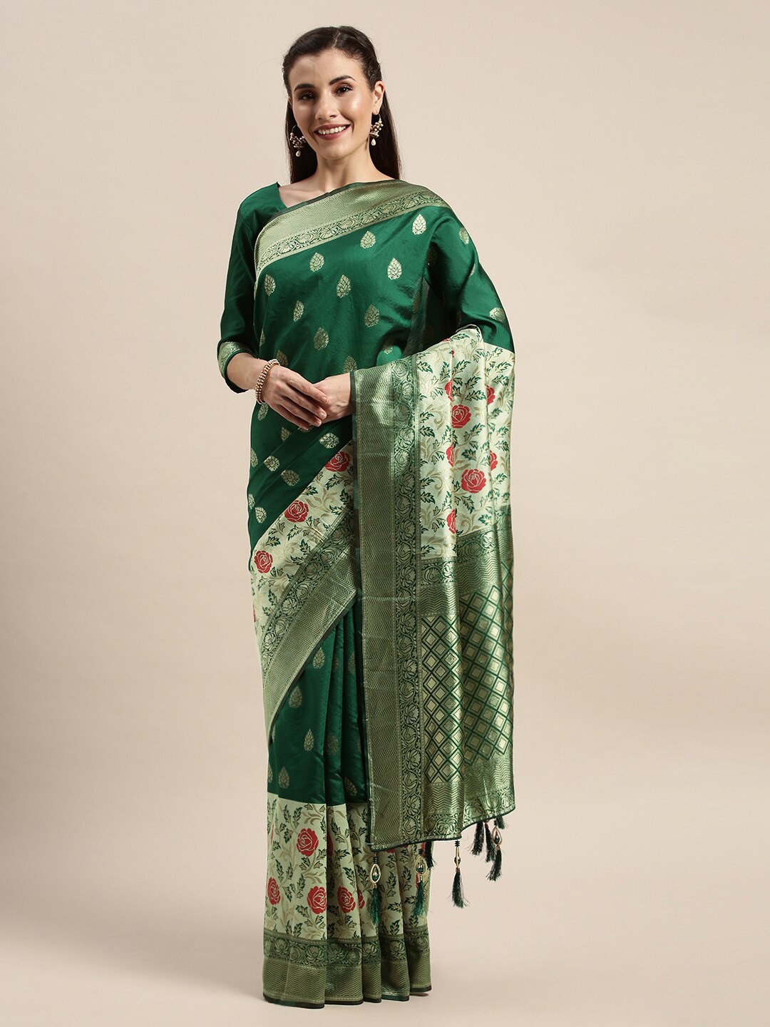 

Mitera Green & Red Ethnic Motifs Woven Design Zari Banarasi Saree