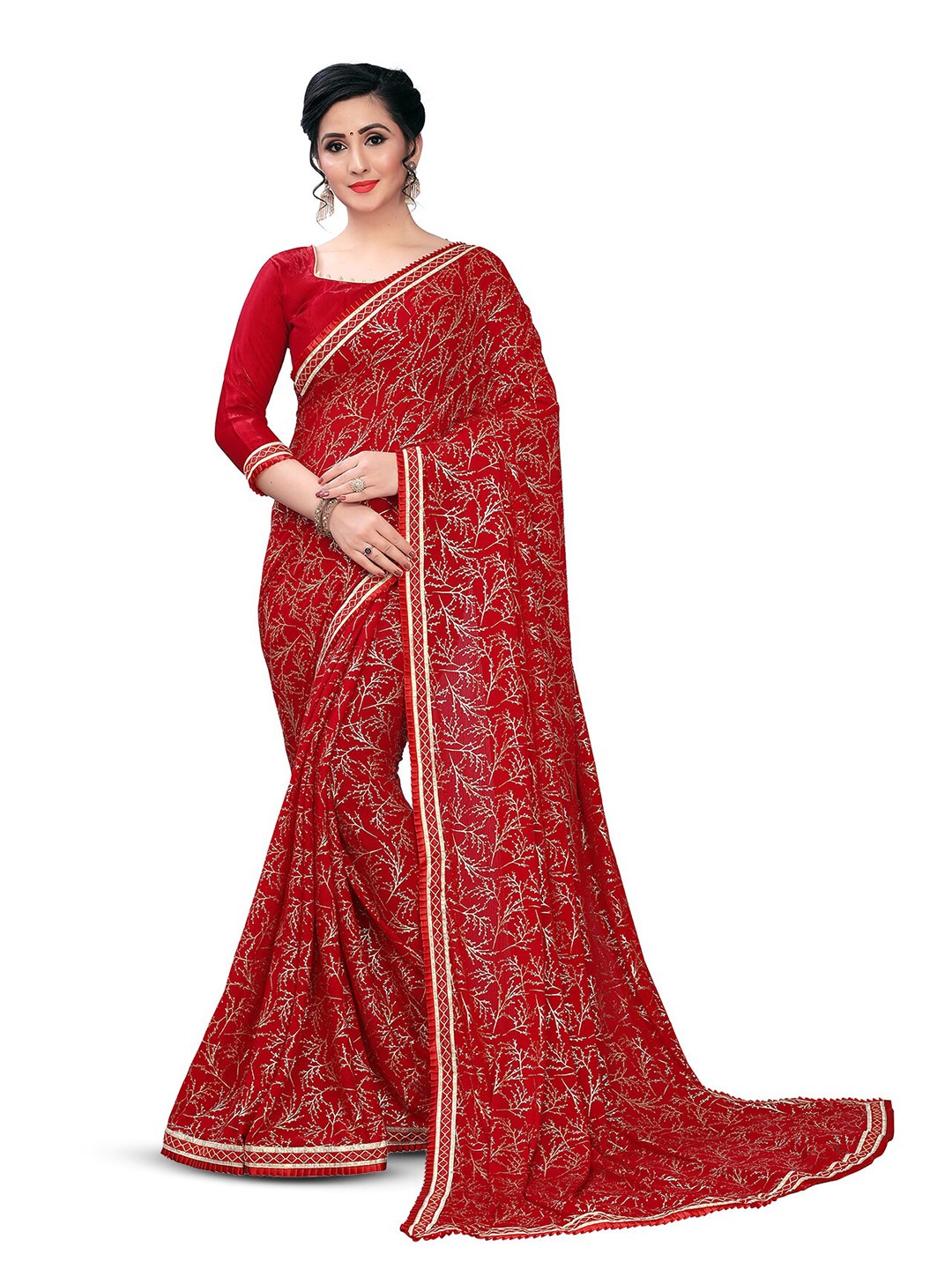 

Mitera Red & Gold-Toned Floral Printed Saree