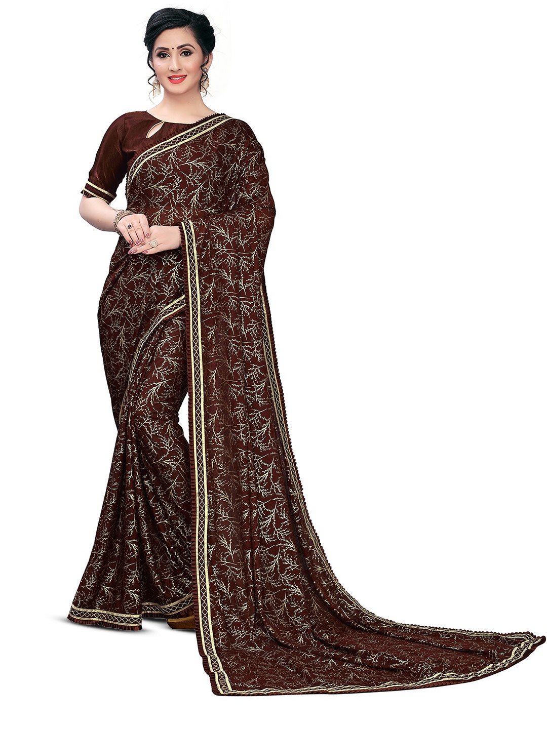 

Mitera Brown & Gold-Toned Floral Linen Blend Saree