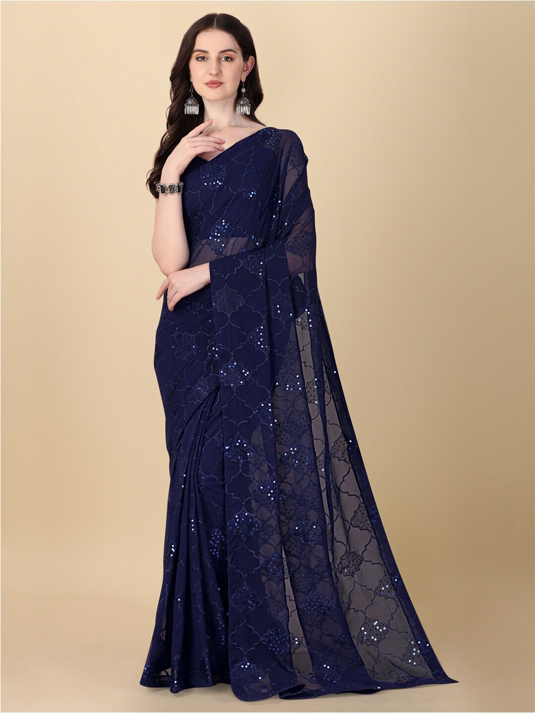 

Mitera Navy Blue Embellished Sequinned Pure Georgette Saree
