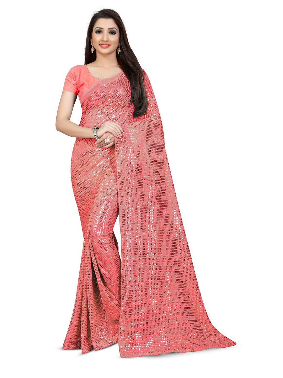 

Mitera Pink & Gold-Toned Sequinned Pure Georgette Saree
