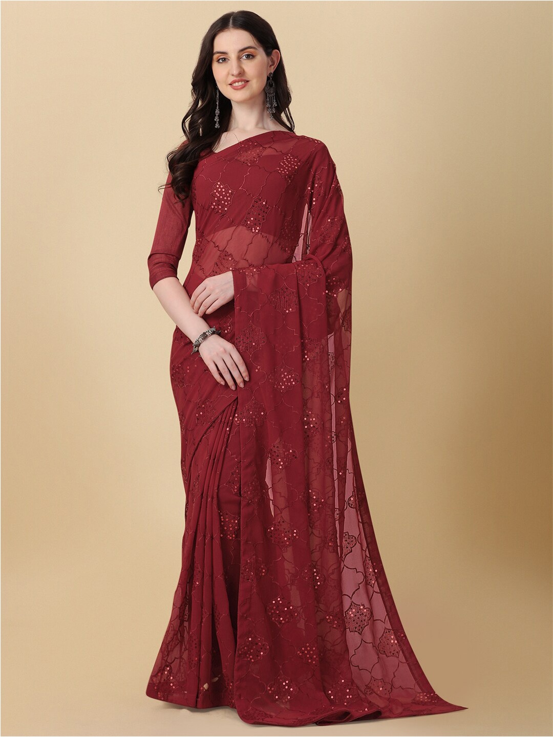 

Mitera Maroon Ethnic Motifs Sequinned Pure Georgette Saree