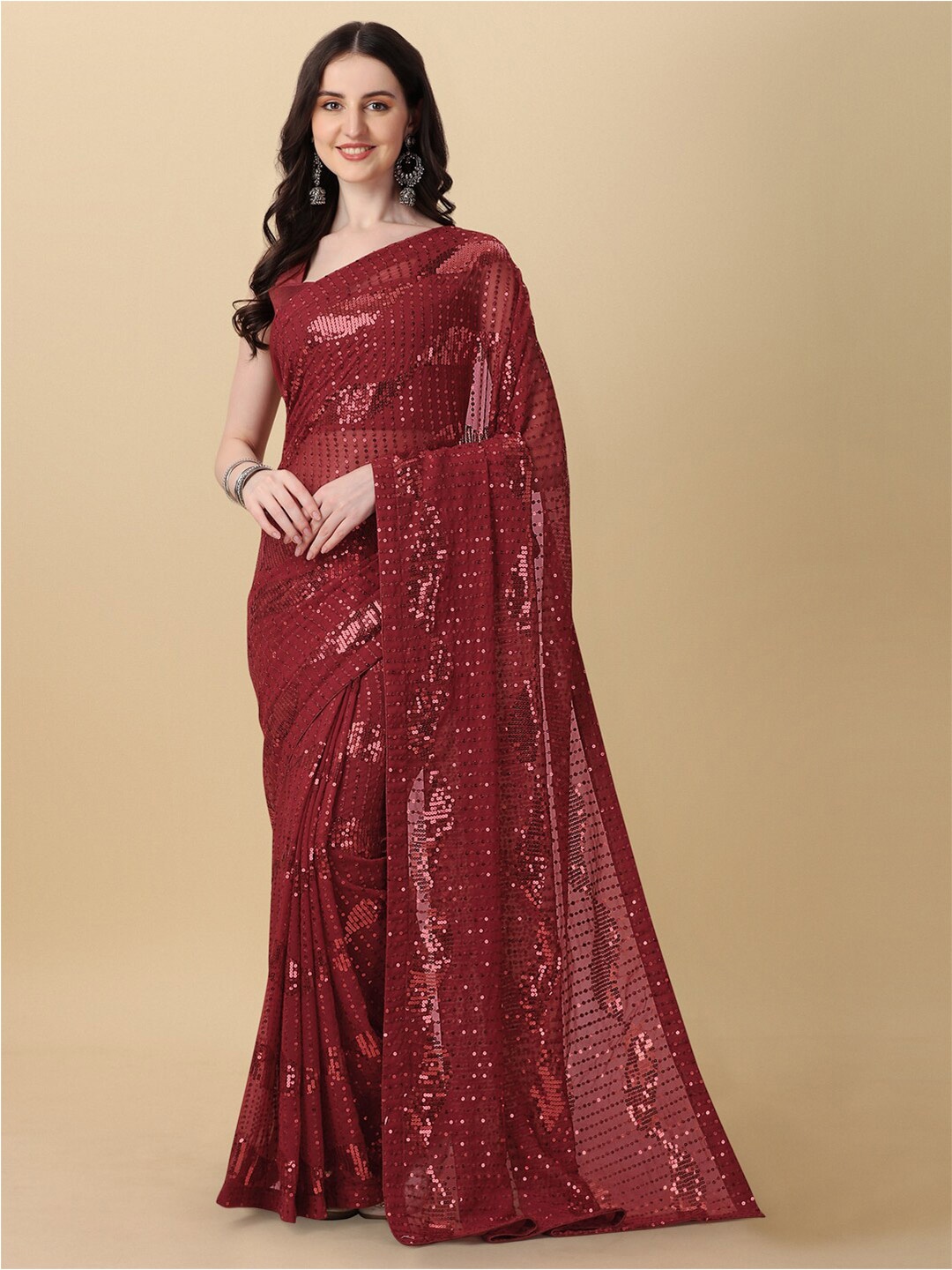 

Mitera Maroon Embellished Sequinned Pure Georgette Saree